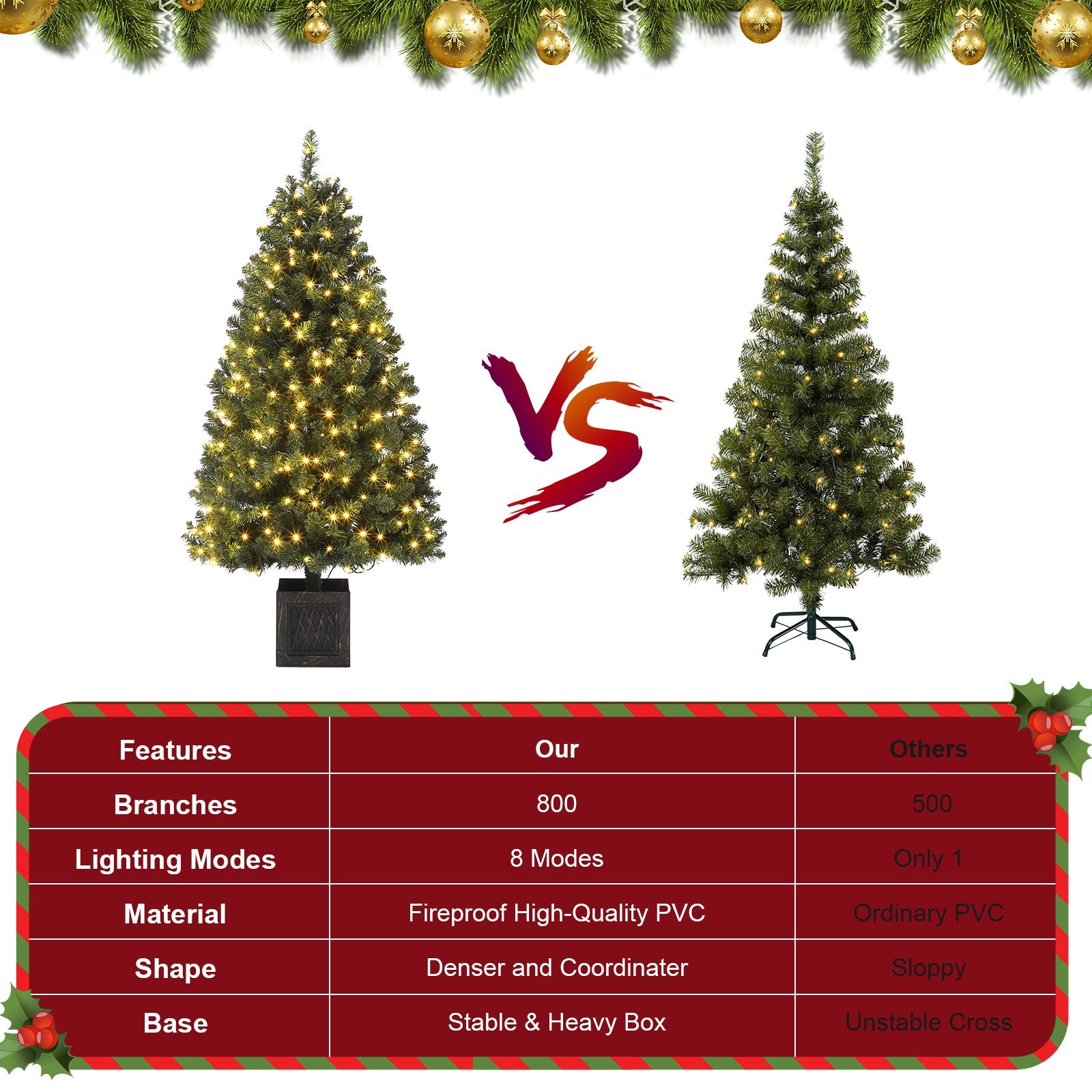 Garvee 145 cm Albero di Natale vintage in bambù con 300 LED bianchi caldi, spina UE 220-240 V per decorazioni natalizie tradizionali