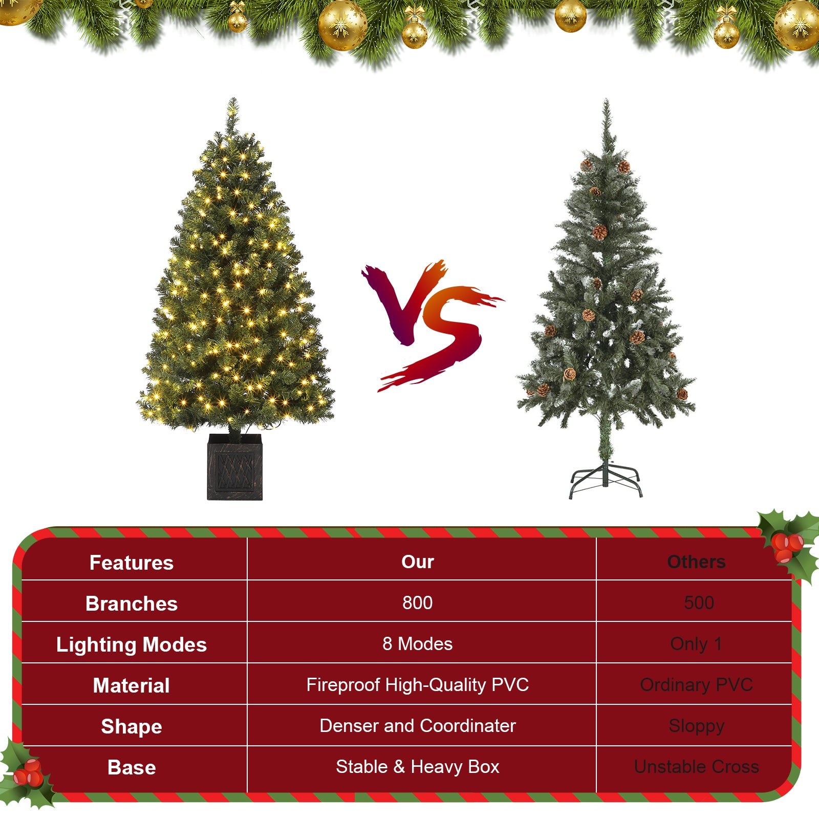 Garvee 145 cm Albero di Natale vintage in bambù con 300 LED bianchi caldi, spina UE 220-240 V per decorazioni natalizie tradizionali