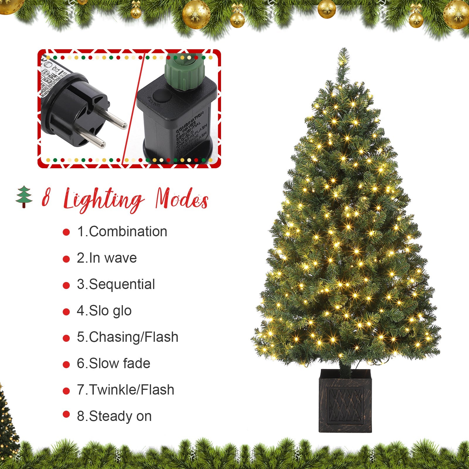 Garvee 145 cm Albero di Natale vintage in bambù con 300 LED bianchi caldi, spina UE 220-240 V per decorazioni natalizie tradizionali