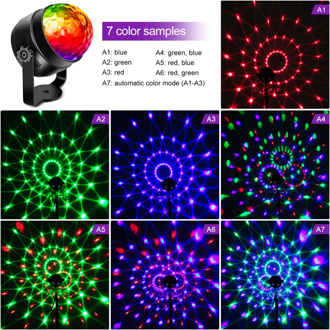 Garvee 2 pezzi Disco Ball LED rotante a 360° con attivazione musicale e telecomando, luce per feste RGB da 3 W con cavo USB da 4 m