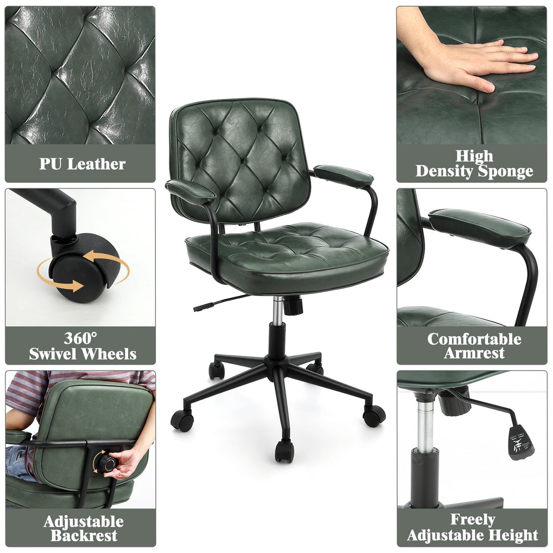 Sedia da scrivania Garvee Home Office verde - Altezza regolabile, girevole a 360°, similpelle, imbottita, con braccioli, schienale medio, per ufficio, soggiorno