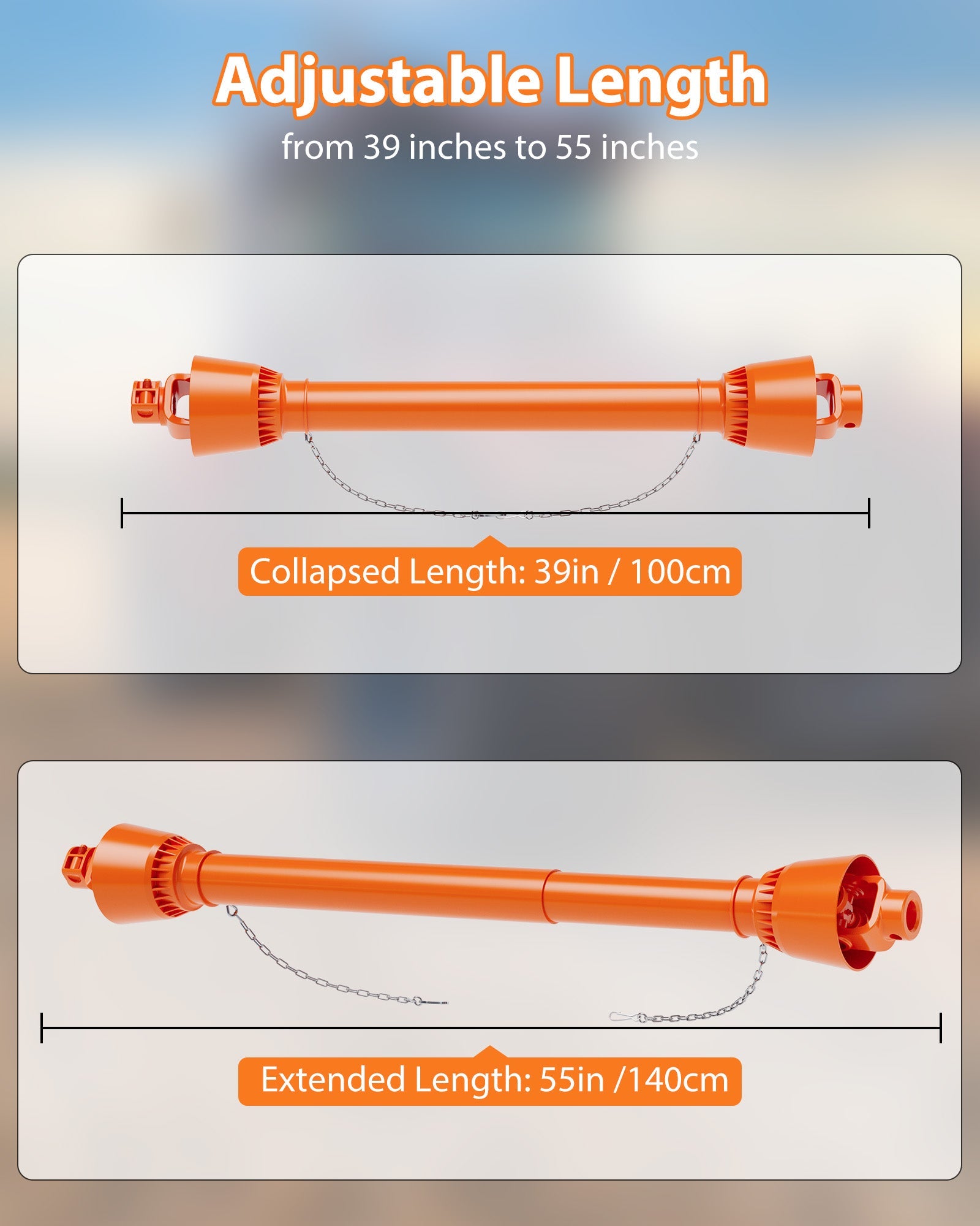 Albero di trasmissione PTO Garvee da 1 3/8 pollici, estremità a 6 scanalature, estremità arrotondata, trattore serie 4, 39-55 pollici, finitura in acciaio