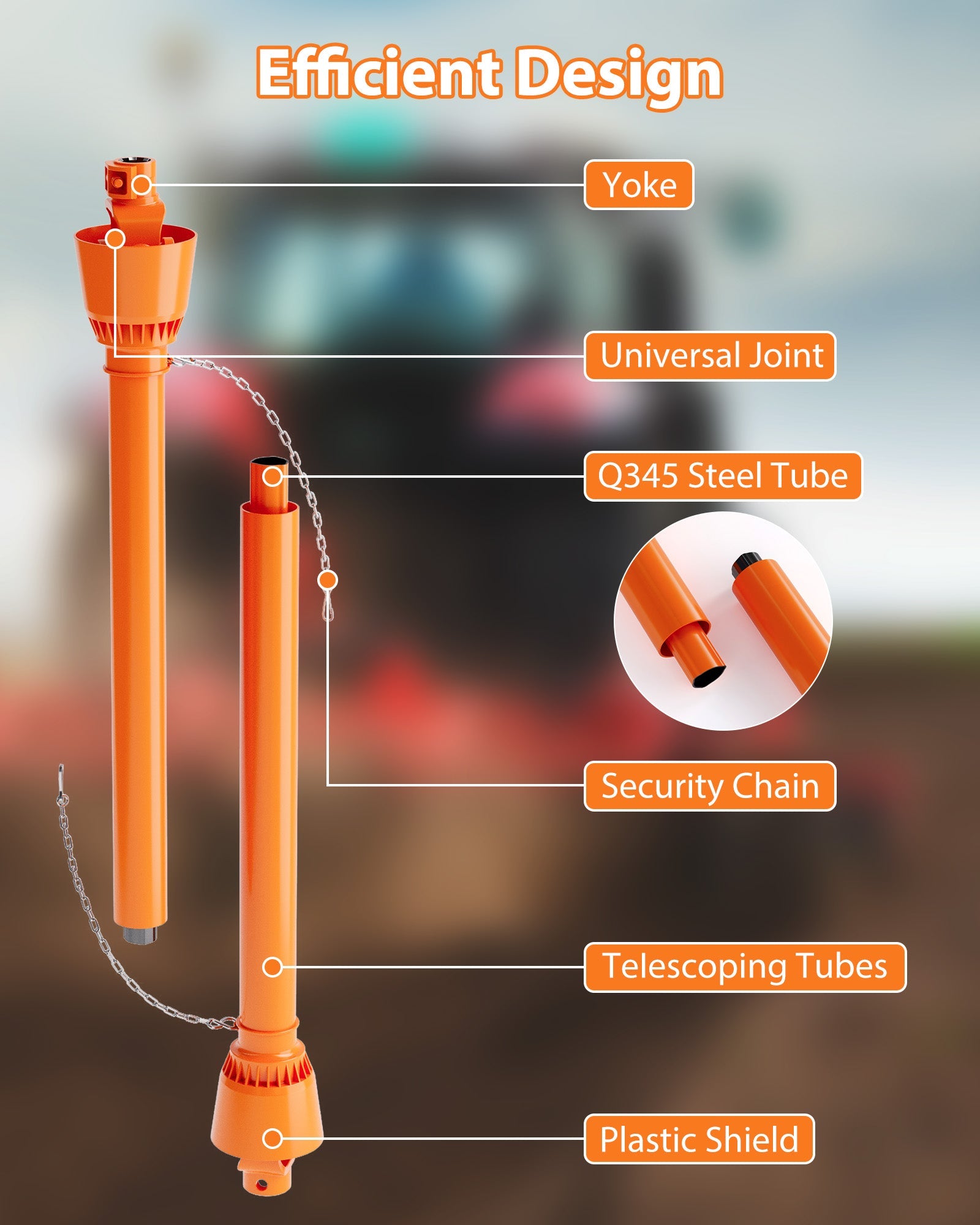 Albero di trasmissione PTO Garvee da 1 3/8 pollici, estremità a 6 scanalature, estremità arrotondata, trattore serie 4, 39-55 pollici, finitura in acciaio