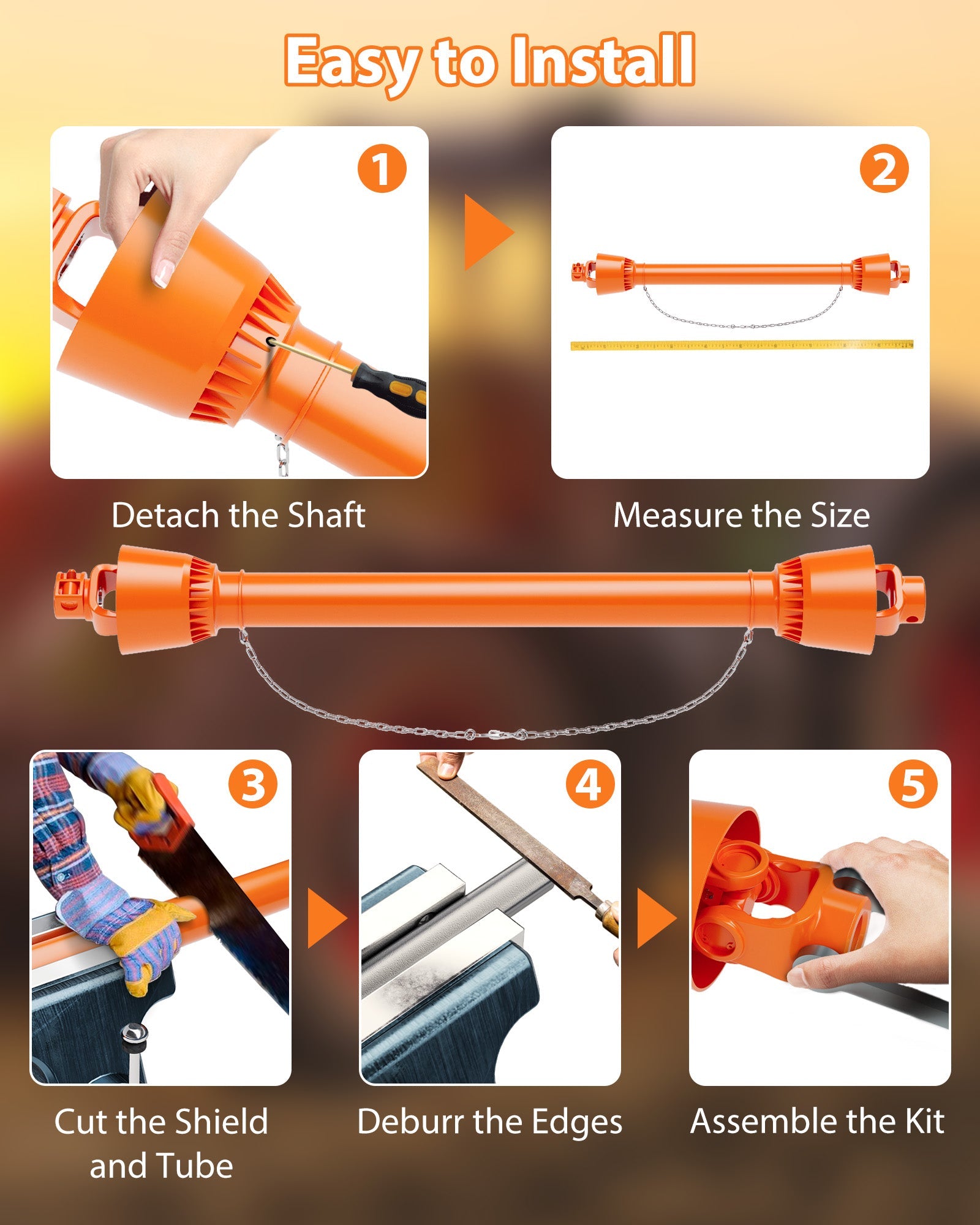 Albero di trasmissione PTO Garvee da 1 3/8 pollici, estremità a 6 scanalature, estremità arrotondata, trattore serie 4, 39-55 pollici, finitura in acciaio