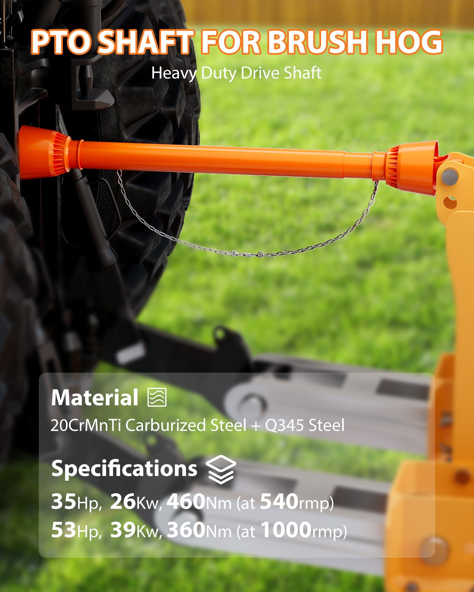 Albero di trasmissione PTO Garvee da 1 3/8 pollici, estremità a 6 scanalature, estremità arrotondata, trattore serie 4, 39-55 pollici, finitura in acciaio