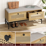 Garvee Panca Porta Scarpe in Rattan con Cuscino in Lino, Contenitore con 2 Armadietti, Rovere Naturale, per Ingresso e Camera, 100x47x38 cm