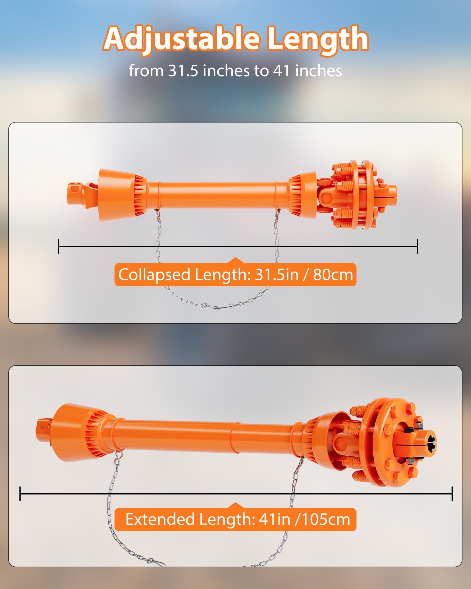 Albero di trasmissione PTO Garvee da 1-3/8" a 6 scanalature con frizione a slittamento per decespugliatore e tosaerba, telescopico da 43 a 57 pollici, arancione, acciaio