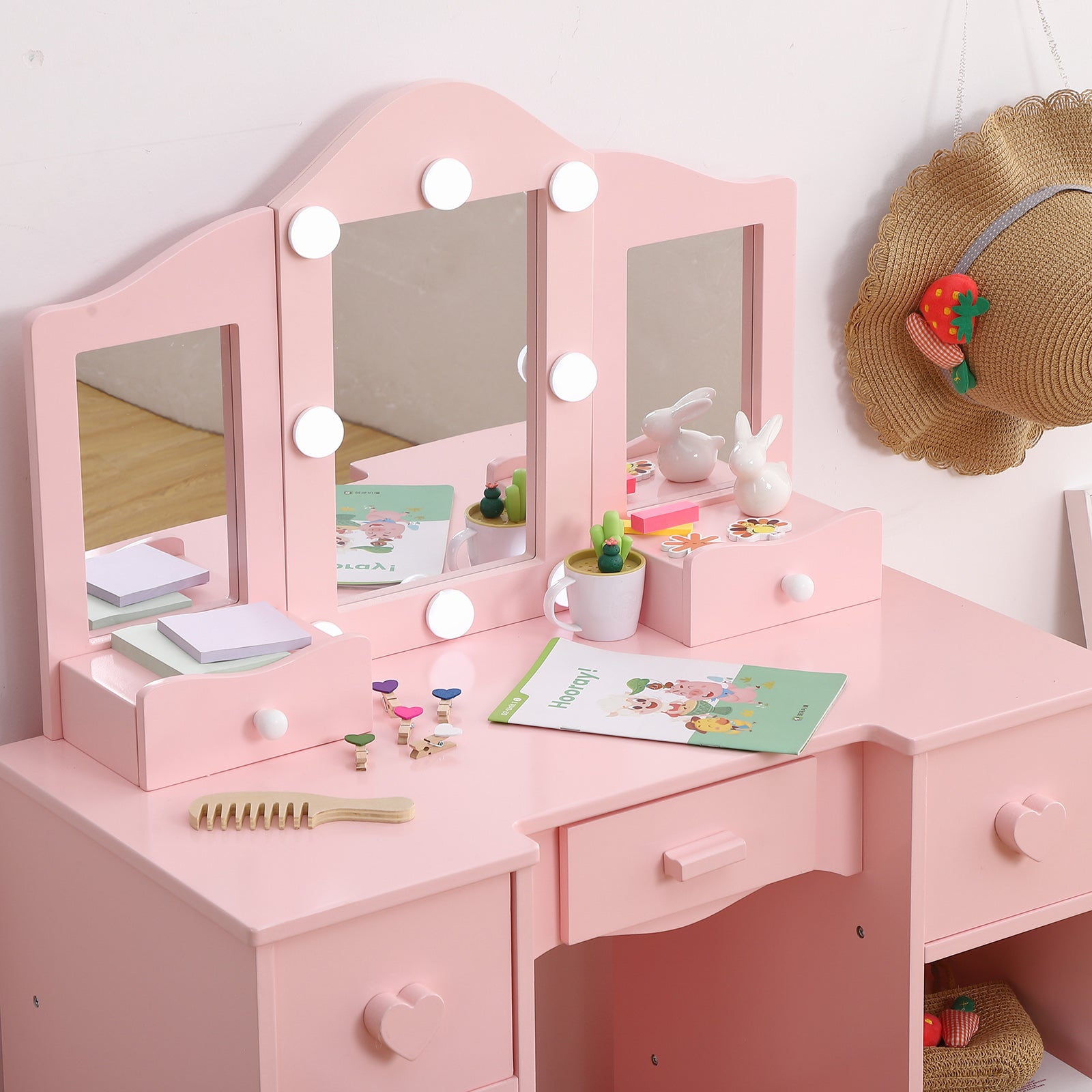 Tavolo da toeletta per bambini GARVEE con specchio e luce - Design 2 in 1, in legno, con sgabello e cassetto, sicuro e durevole, ideale per le camerette delle bambine