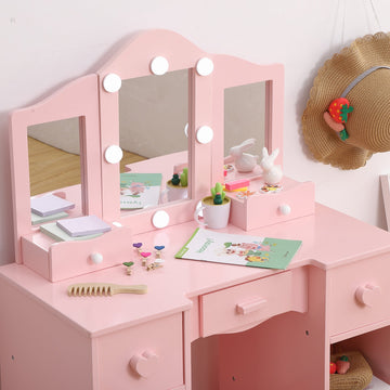 Tavolo da toeletta per bambini GARVEE con specchio e luce - Design 2 in 1, in legno, con sgabello e cassetto, sicuro e durevole, ideale per le camerette delle bambine