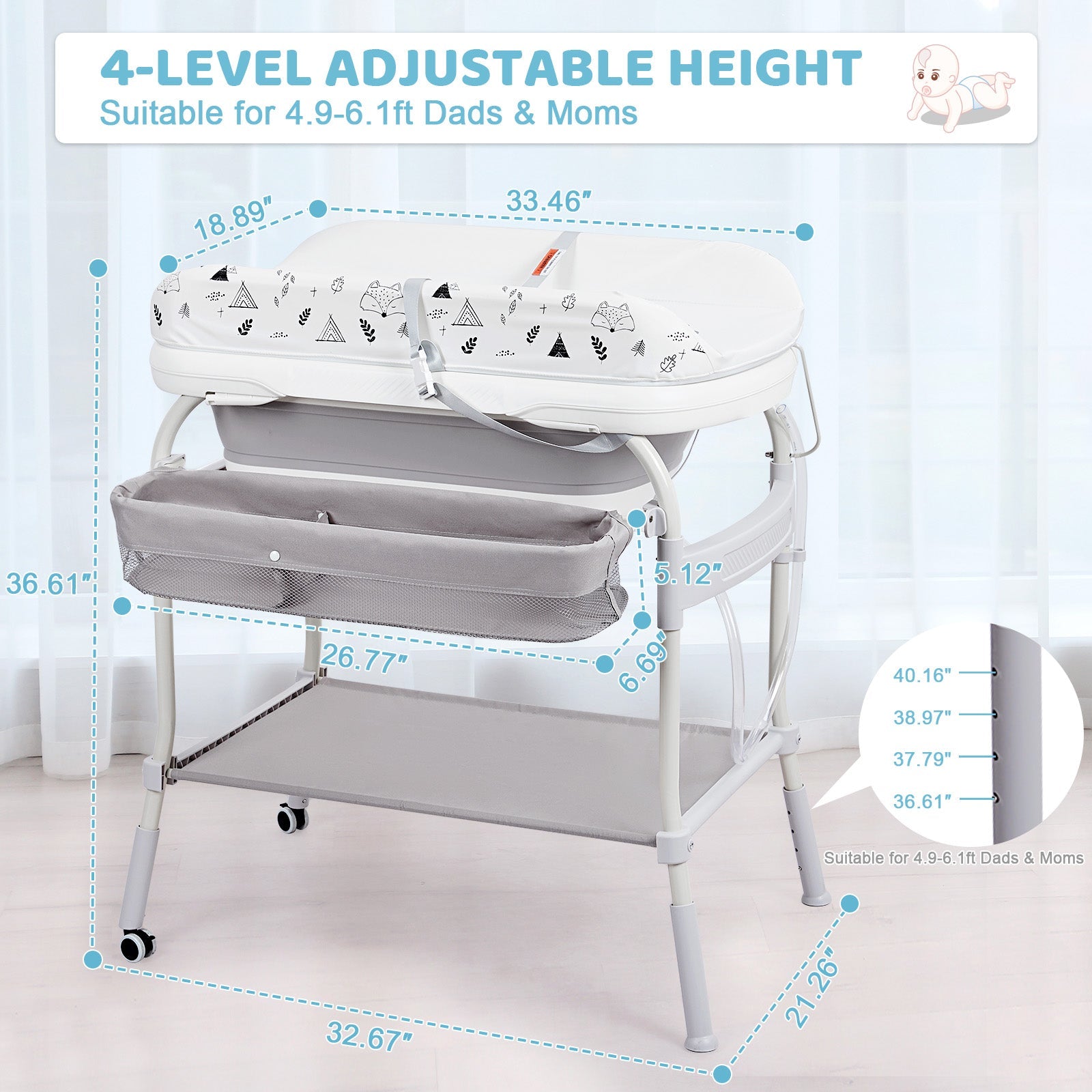 GARVEE Fasciatoio e vasca da bagno 2 in 1 regolabile in altezza, grigio | Con display della temperatura e ruote | Per bambini piccoli