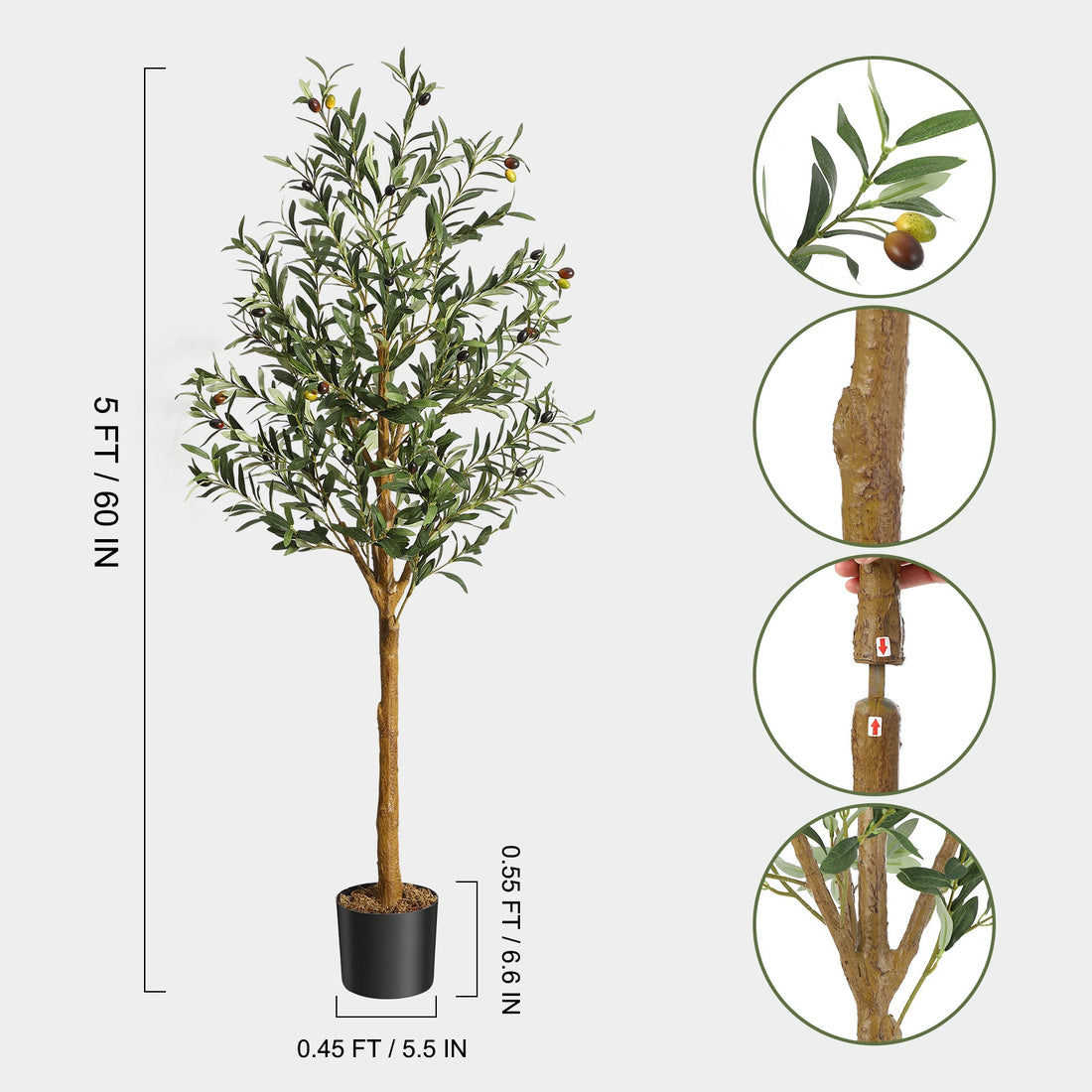 Albero di ulivo artificiale Garvee da 1,5 m, in poliestere e legno, vaso ricoperto di muschio, decorazione per interni per ufficio e casa, verde