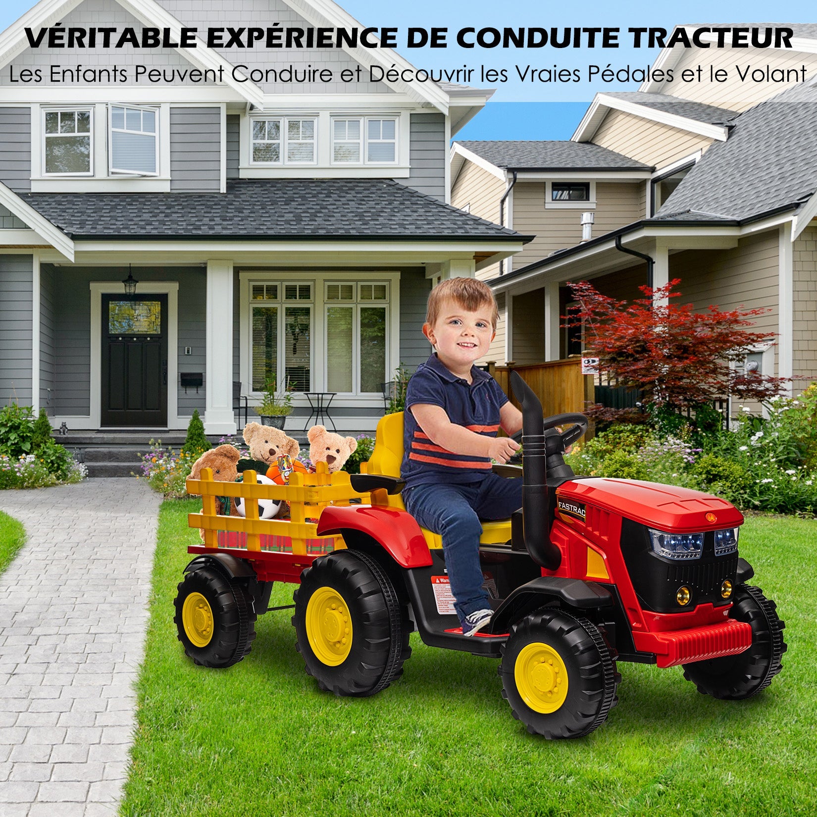 Trattore elettrico per bambini Garvee 12V con rimorchio, musica, clacson e USB, veicolo per bambini con fari, per bambini, multicolore