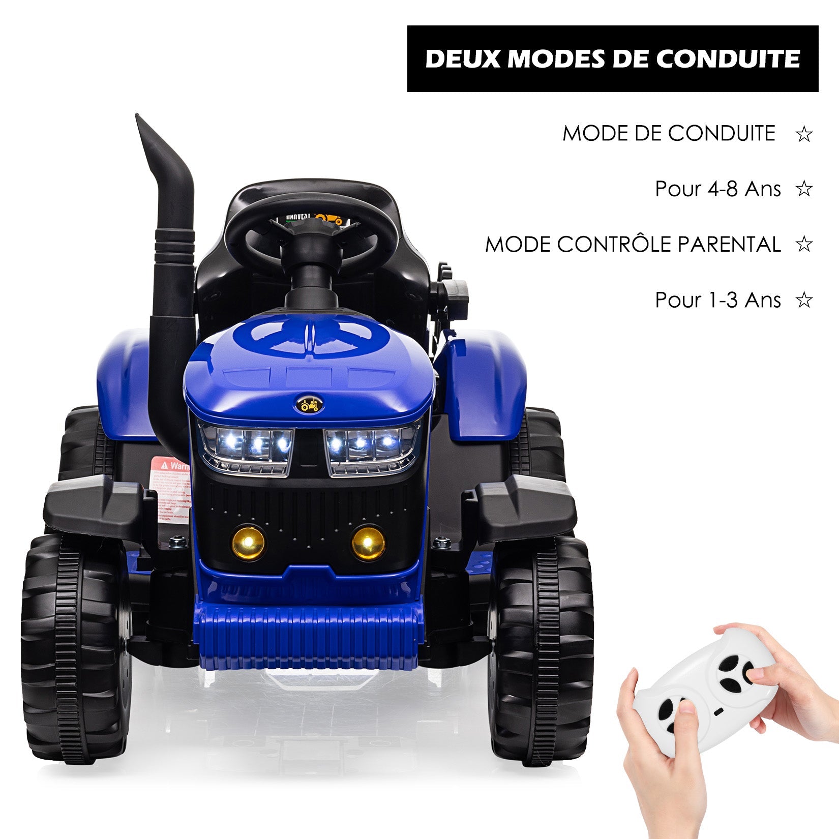 Trattore elettrico per bambini Garvee 12V con rimorchio, musica, clacson e USB, fari, per bambini, multicolore