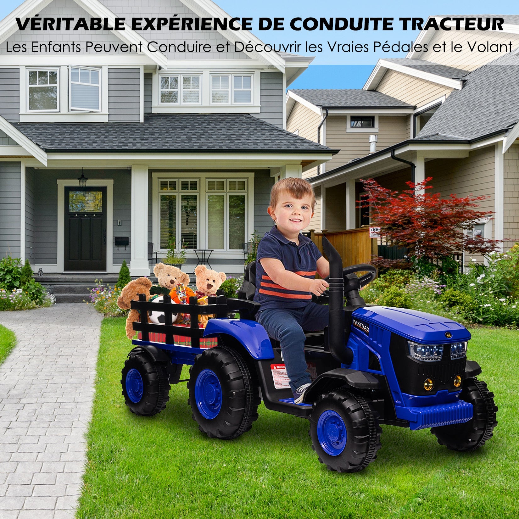 Trattore elettrico per bambini Garvee 12V con rimorchio, musica, clacson e USB, fari, per bambini, multicolore