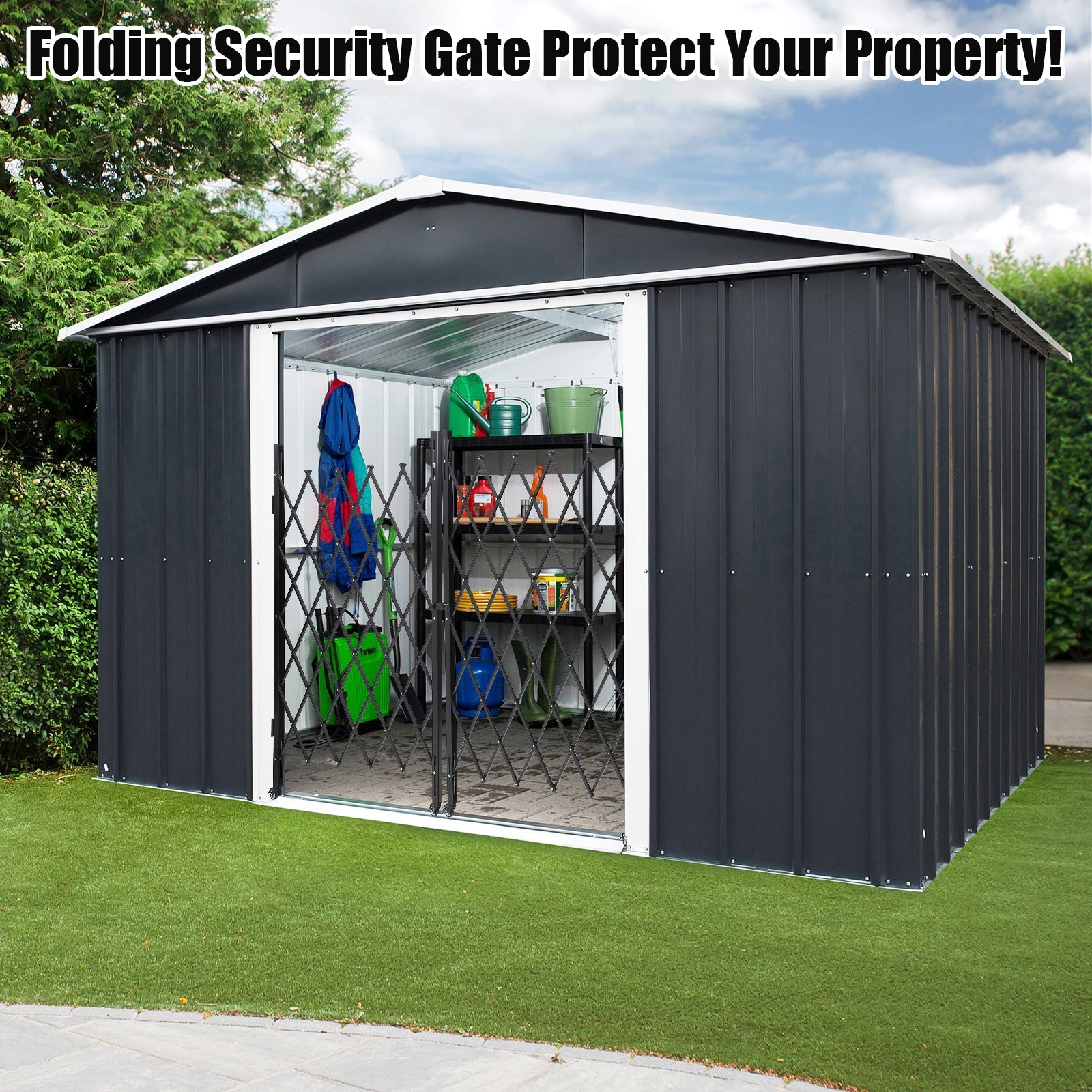 Cancello in metallo estensibile Garvee, 2,2 m di larghezza, cancello di sicurezza pieghevole con ruote per cantieri edili, stazioni ferroviarie, scuole, garage, 216 x 216 cm, nero