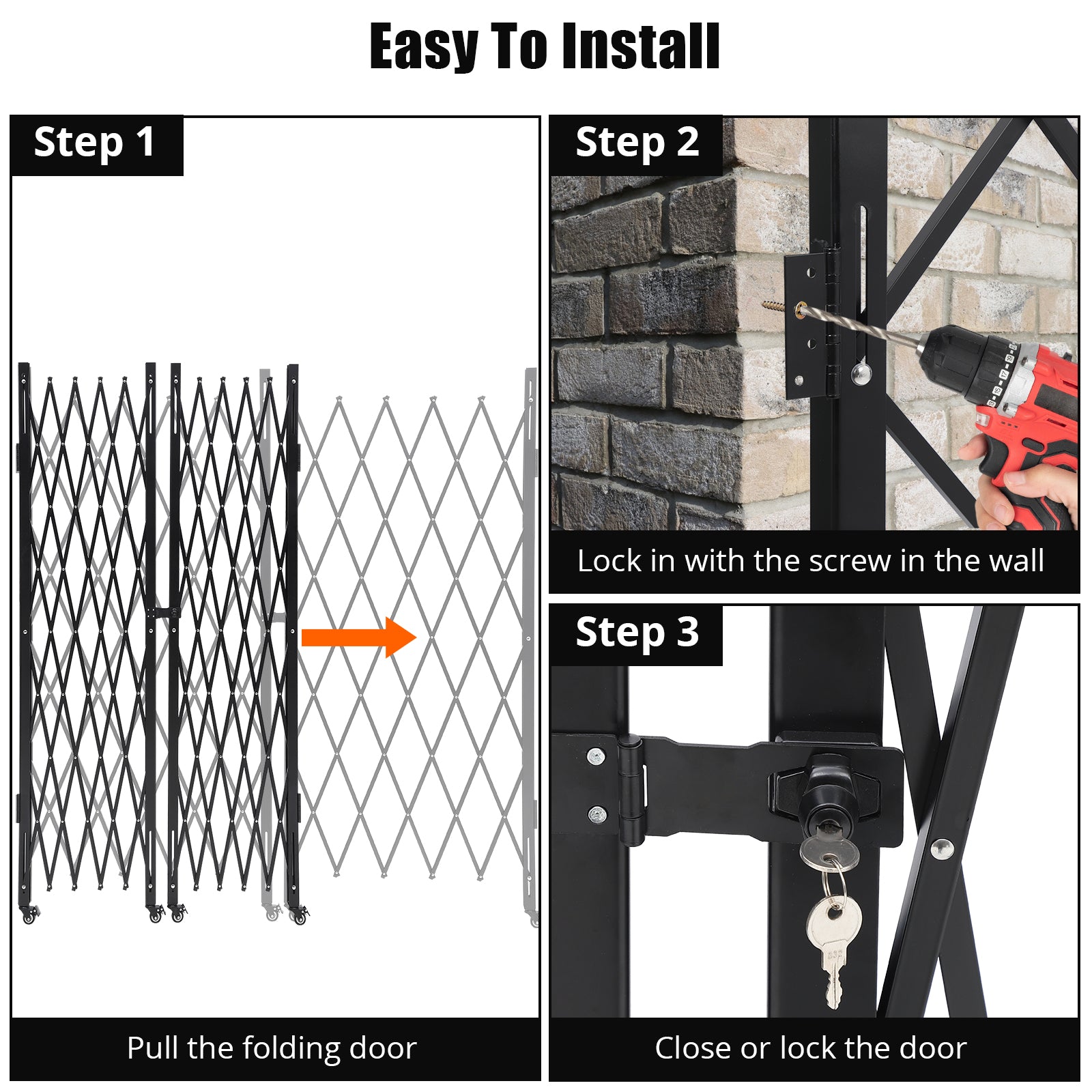 Cancello in metallo estensibile Garvee, 2,2 m di larghezza, cancello di sicurezza pieghevole con ruote per cantieri edili, stazioni ferroviarie, scuole, garage, 216 x 216 cm, nero