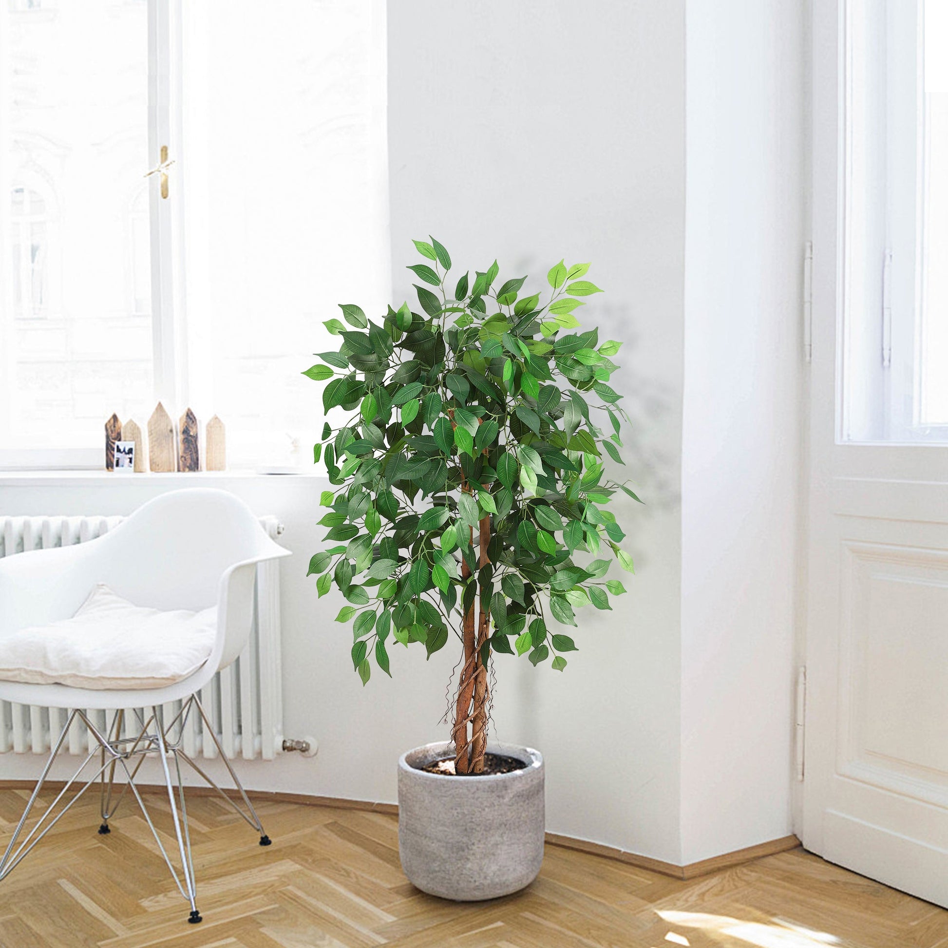 Albero di ficus artificiale Garvee, 4 piedi, regolabile, in poliestere, tronco di legno naturale, stabile, vaso di plastica, per interni ed esterni, verde