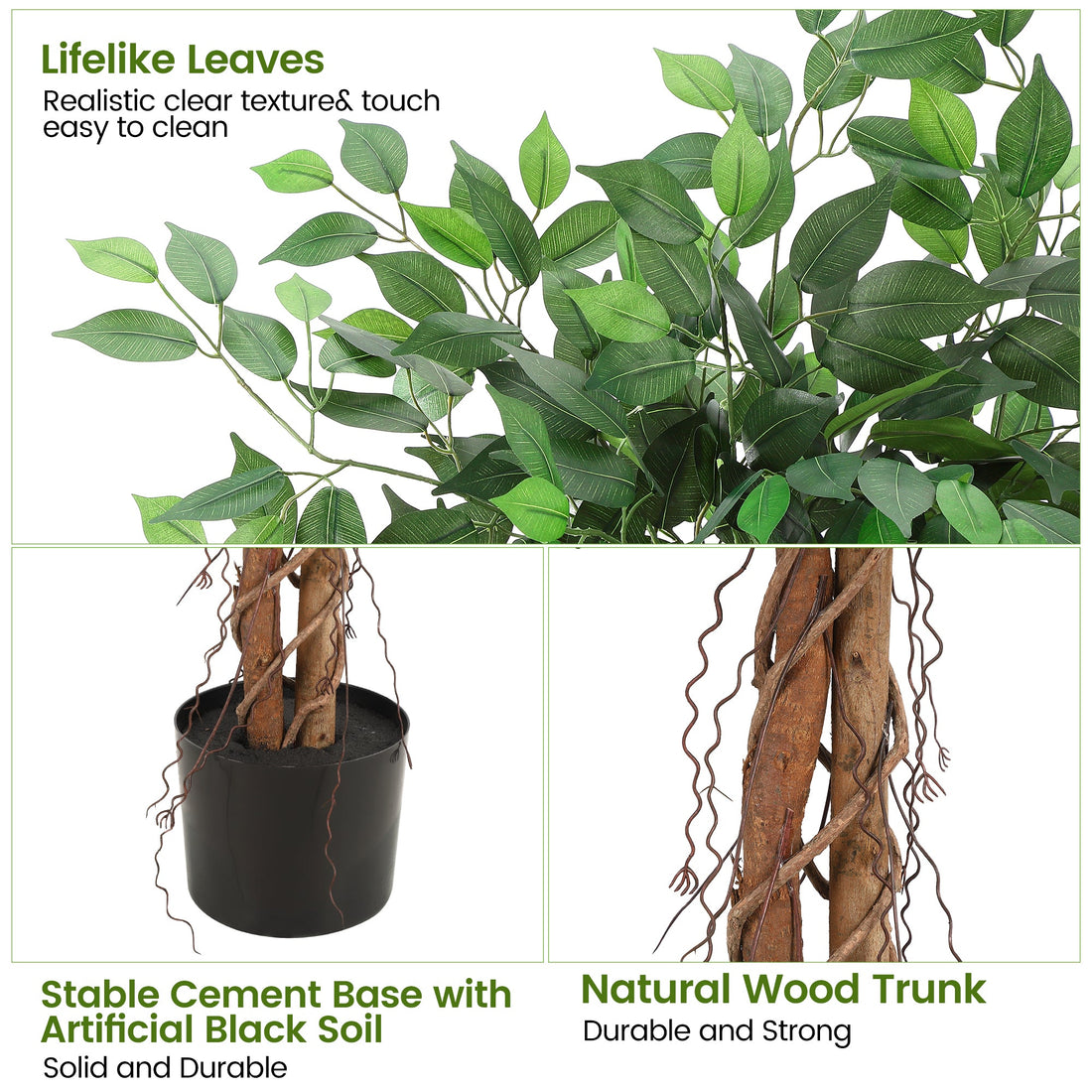 Albero di ficus artificiale Garvee, 4 piedi, regolabile, in poliestere, tronco di legno naturale, stabile, vaso di plastica, per interni ed esterni, verde
