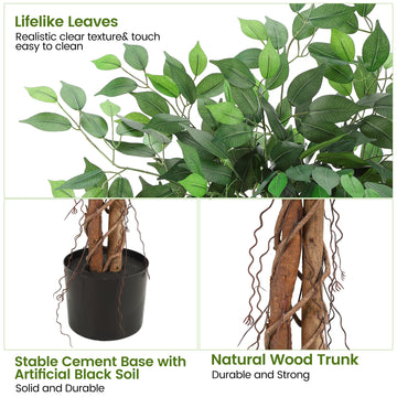Albero di ficus artificiale Garvee, 4 piedi, regolabile, in poliestere, tronco di legno naturale, stabile, vaso di plastica, per interni ed esterni, verde