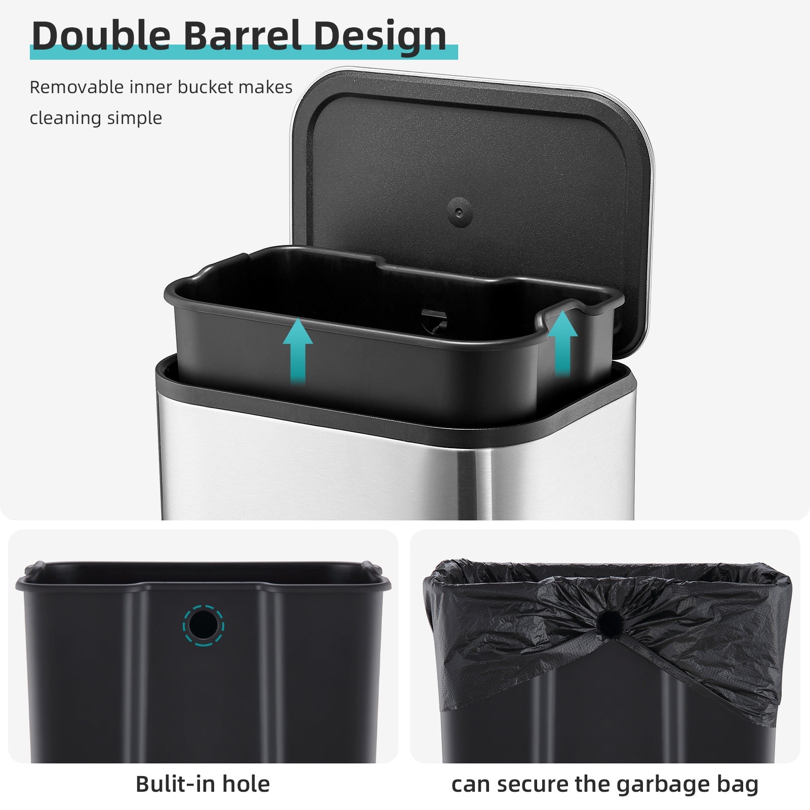 Pattumiera Garvee da 12 litri con coperchio a chiusura ammortizzata e pedale, acciaio inossidabile, compatta per cucina e bagno, argento