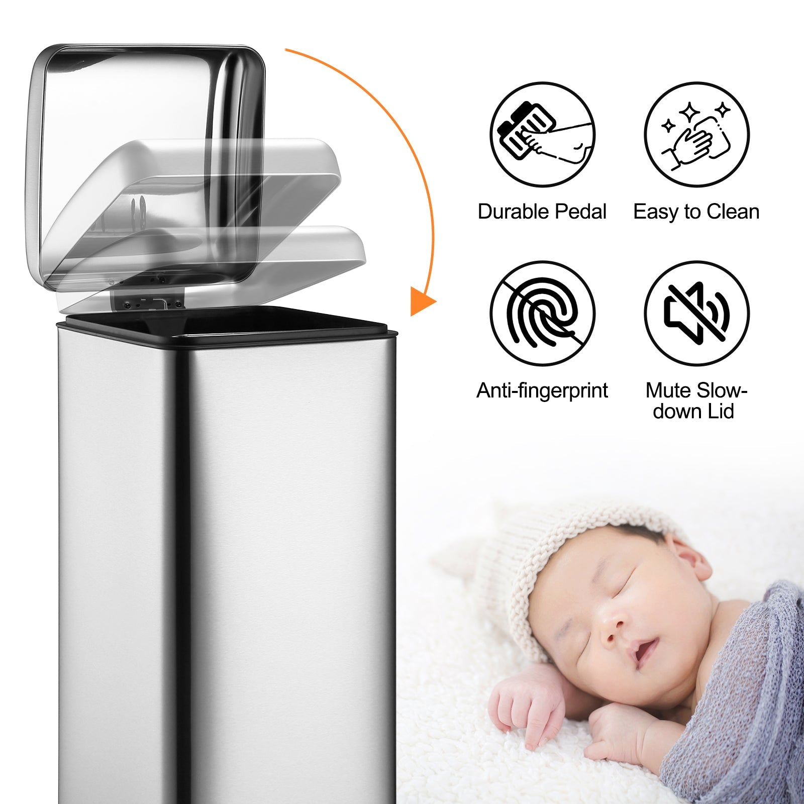 Pattumiera Garvee da 8 galloni, quadrata, anti-impronta, coperchio a chiusura ammortizzata, pedale, secchio rimovibile, acciaio, antiodore, per cucina e ufficio