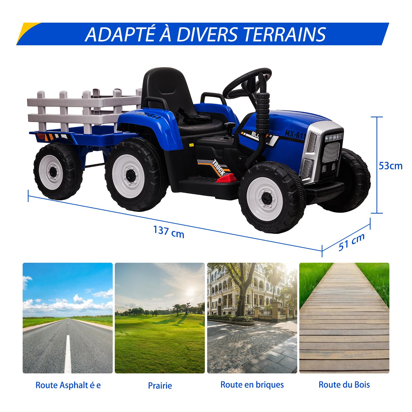Trattore elettrico Garvee a batteria, giocattolo per bambini blu con aspetto realistico e design robusto, per passeggiate in giardino e giochi in fattoria dai 3 anni, all'aperto e al chiuso