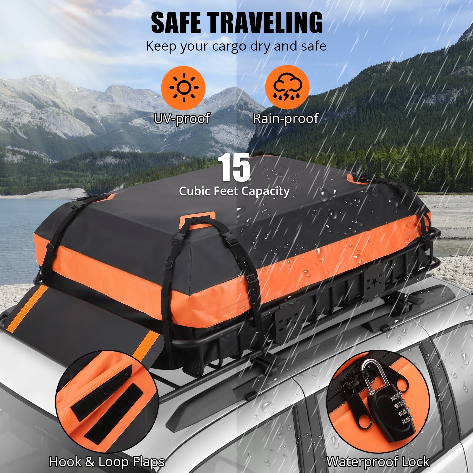 Portapacchi Garvee 46"x36"x4.5" con borsa portabagagli impermeabile da 15ft³ per SUV e camion, capacità 200 libbre, acciaio, aerodinamico, per esterni, nero