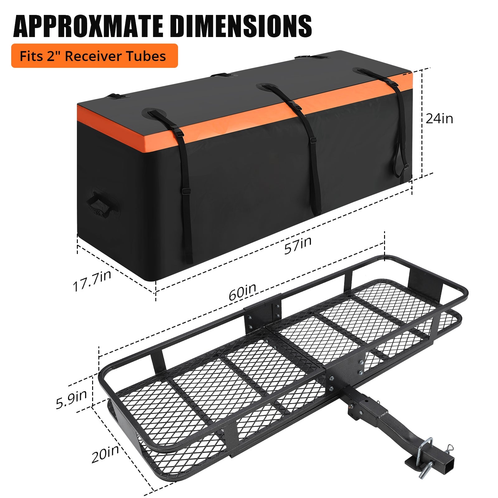Cestino portaoggetti Garvee Hitch Mount 60"x20"x5.9" Borsa impermeabile pieghevole con telaio in acciaio Capacità 200 libbre Ricevitore da 2" per viaggi