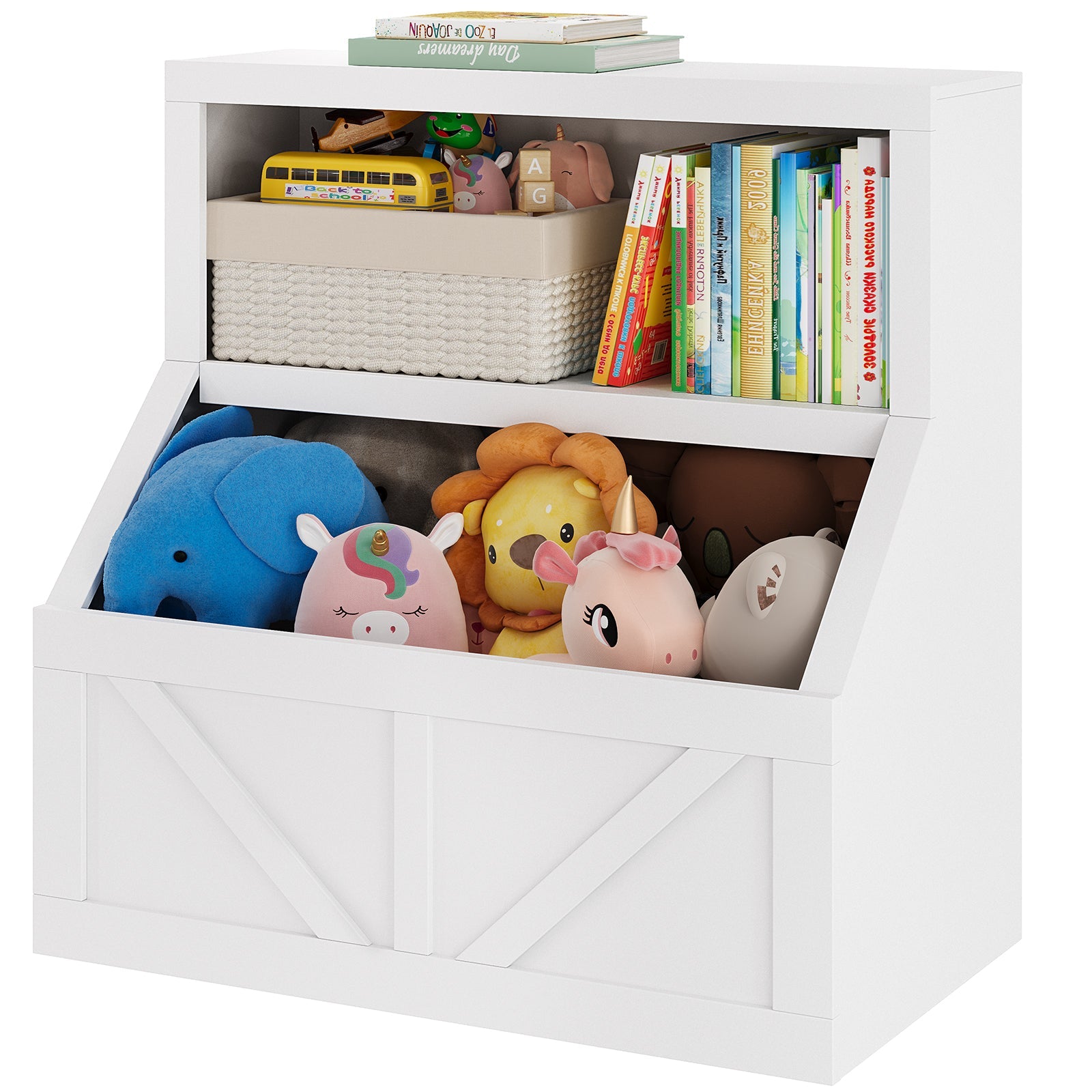 Libreria per bambini e contenitore per giocattoli Garvee, 2 ripiani, in legno, per sala giochi e cameretta dei bambini, 31,42x16,56x32 pollici, legno naturale