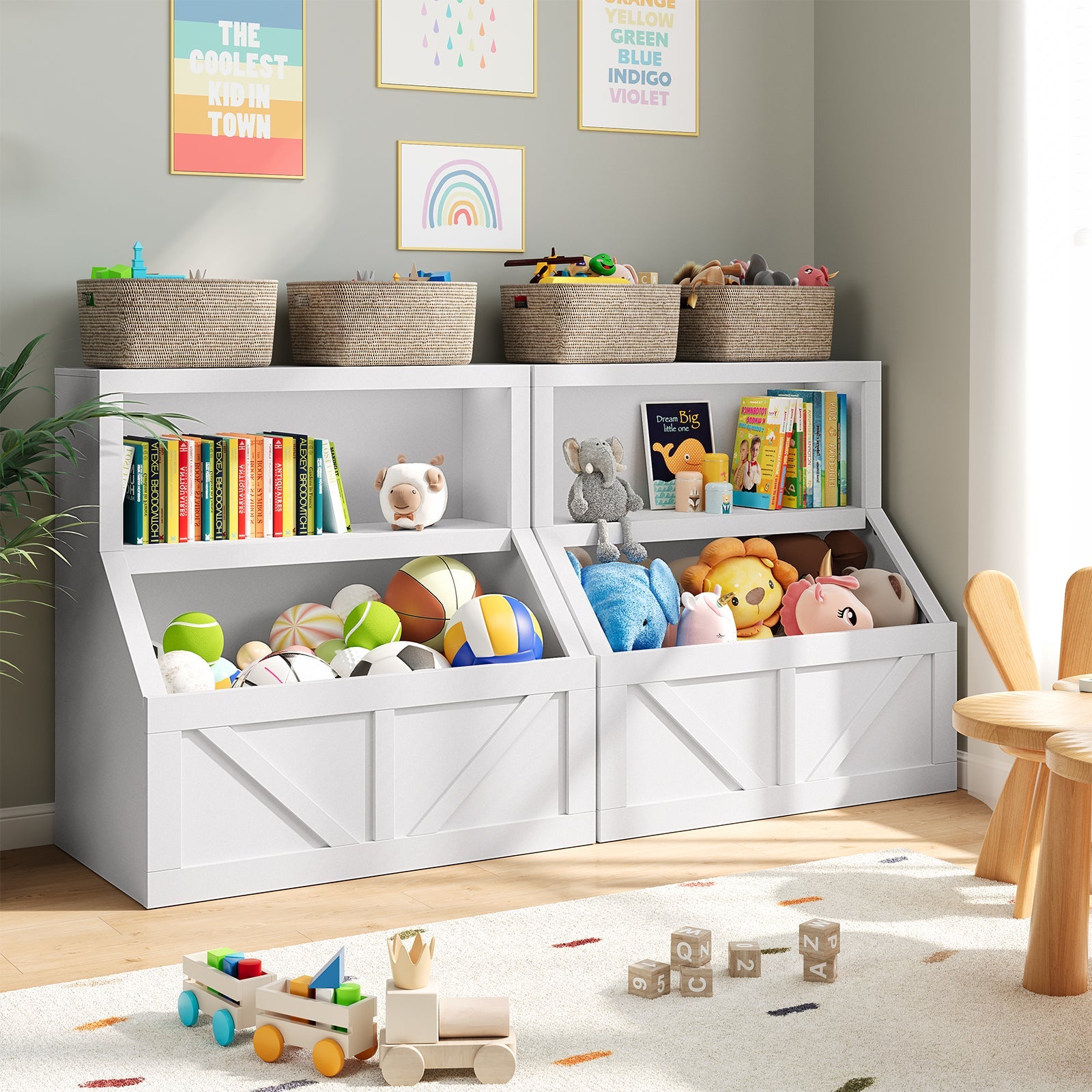 Libreria per bambini e contenitore per giocattoli Garvee, 2 ripiani, in legno, per sala giochi e cameretta dei bambini, 31,42x16,56x32 pollici, legno naturale