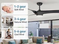 Ventilatori da soffitto GARVEE con luce, ventilatore da soffitto da 132 cm con 6 velocità e 2 aste, telecomando LED dimmerabile, ventilatore da soffitto moderno silenzioso reversibile CC per uso interno ed esterno