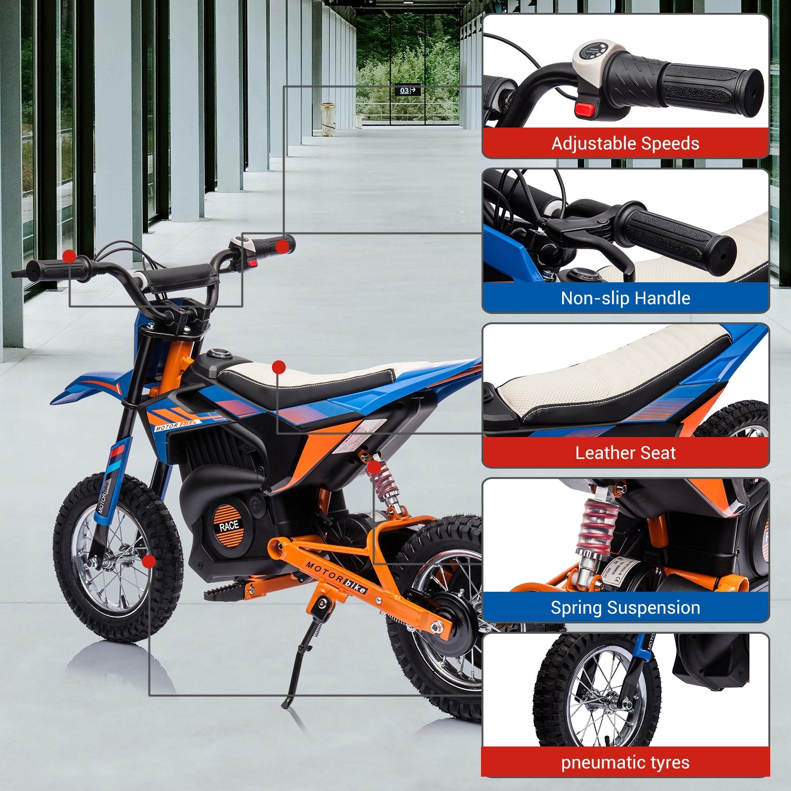 Moto elettrica fuoristrada Garvee 24V, motore da 250W, sedile in pelle, sospensioni in metallo, pneumatici, per bambini e adolescenti, blu