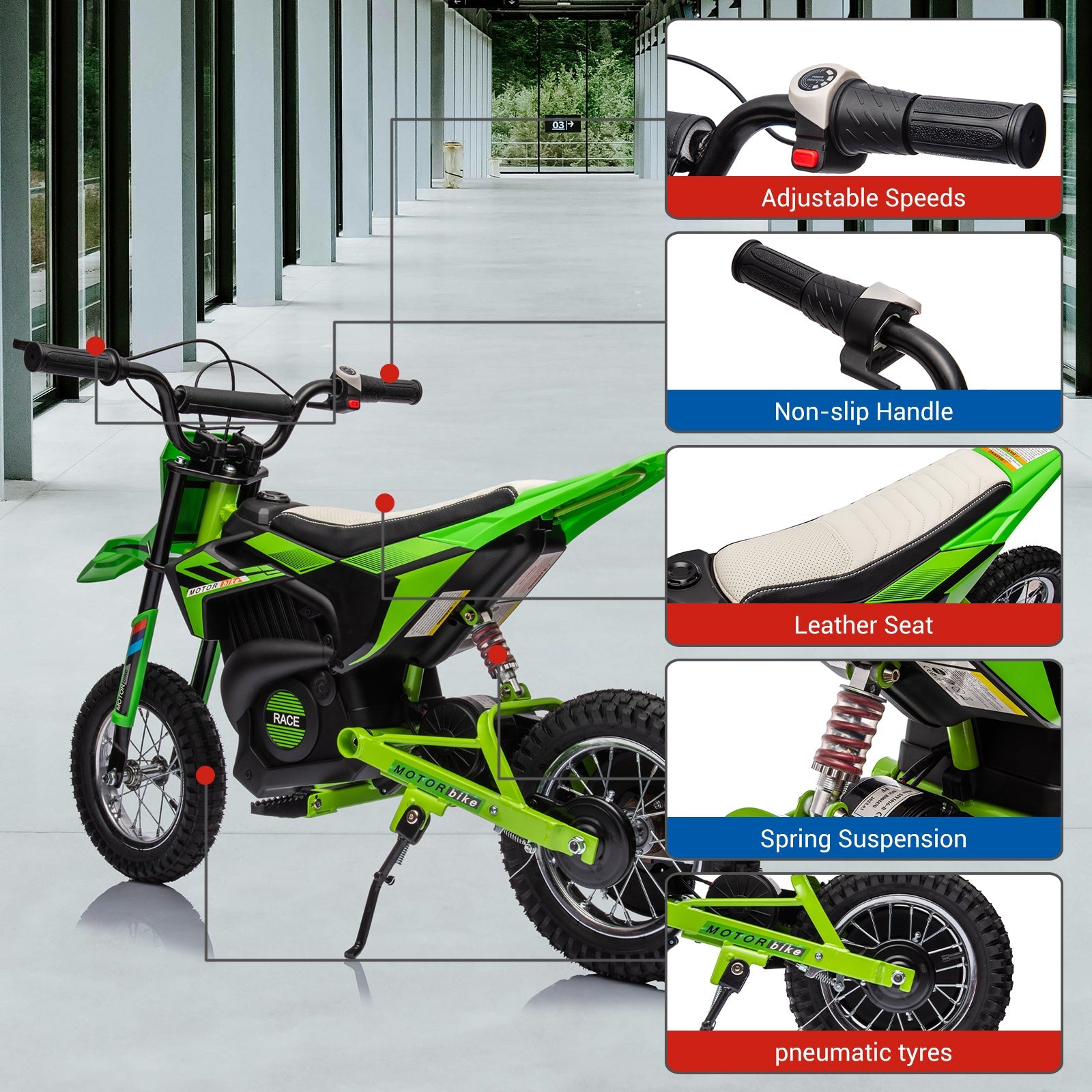 Moto elettrica fuoristrada Garvee 24V, motore 250W, verde, per bambini e adolescenti dagli 8 anni in su, sedile in pelle, sospensioni in metallo