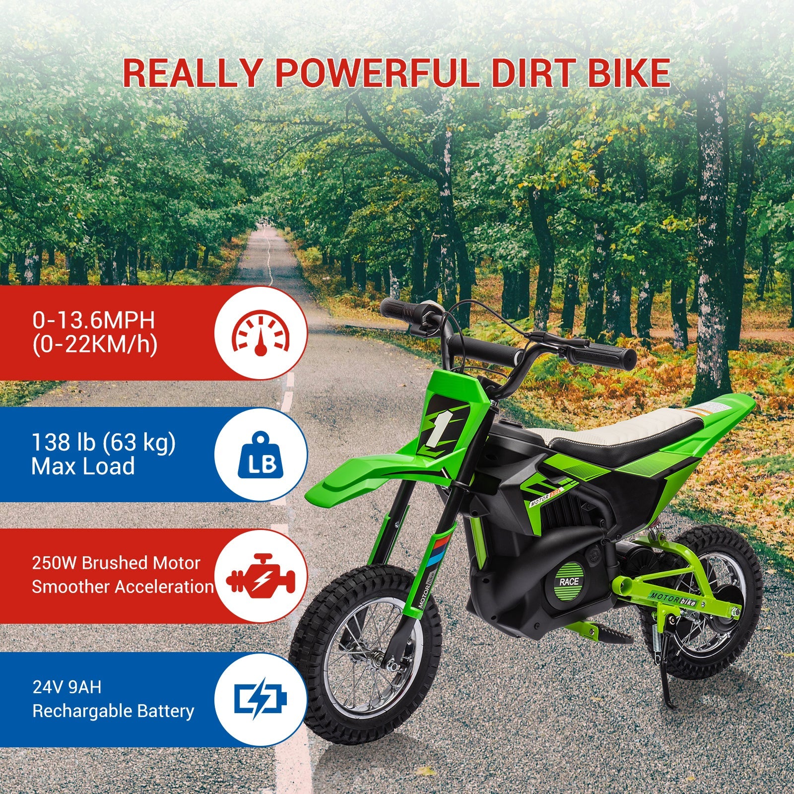 Moto elettrica fuoristrada Garvee 24V, motore 250W, verde, per bambini e adolescenti dagli 8 anni in su, sedile in pelle, sospensioni in metallo