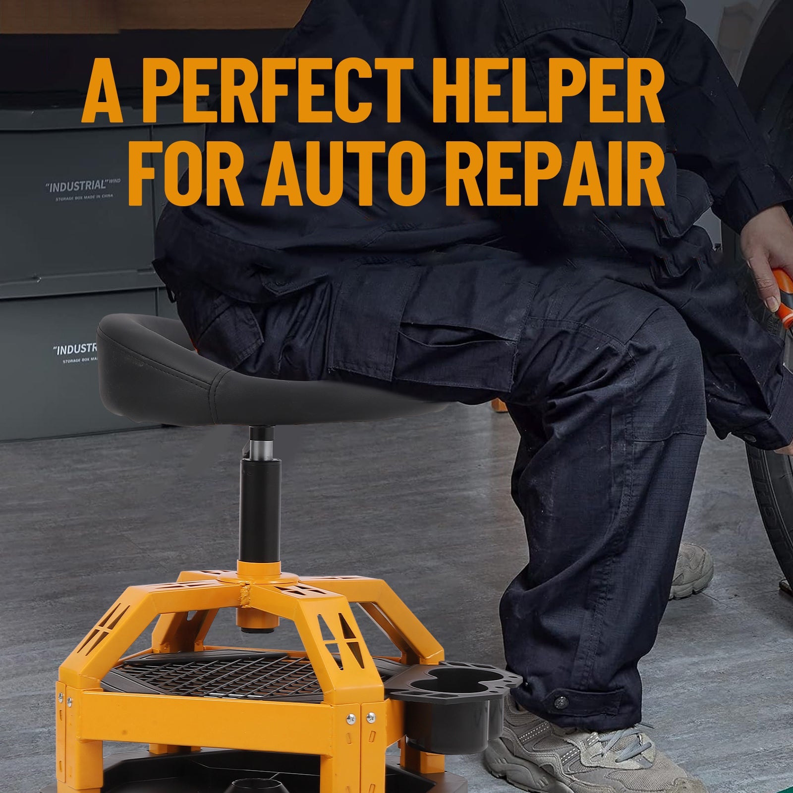 Sgabello girevole Garvee Workshop con capacità di 330 libbre, struttura in acciaio, ruote, portabicchieri per garage e officina, comodo, resistente