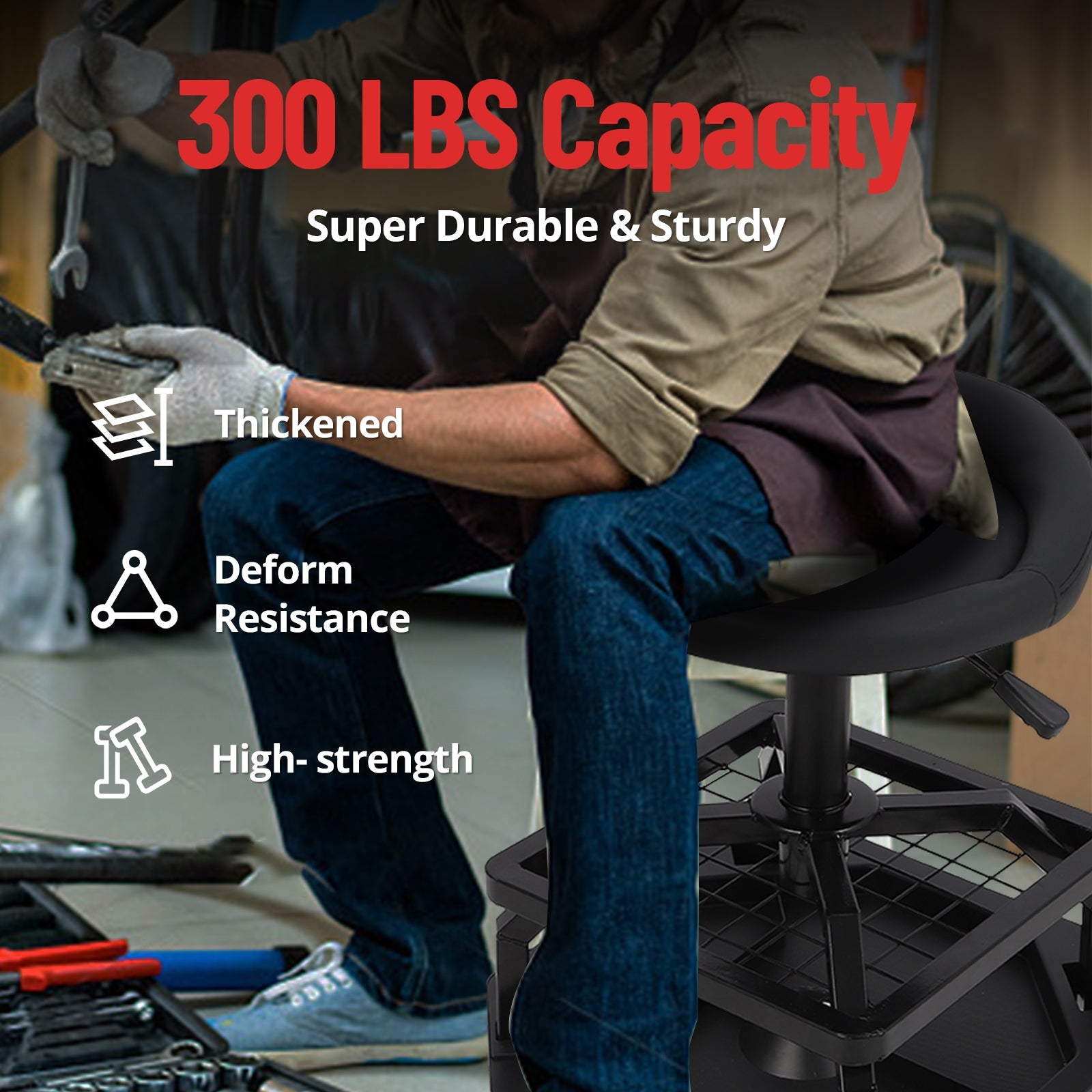 Sgabello girevole Garvee Workshop per garage, capacità di carico di 330 libbre, comodo, imbottito, con ruote, resistente, per meccanici e appassionati del fai da te