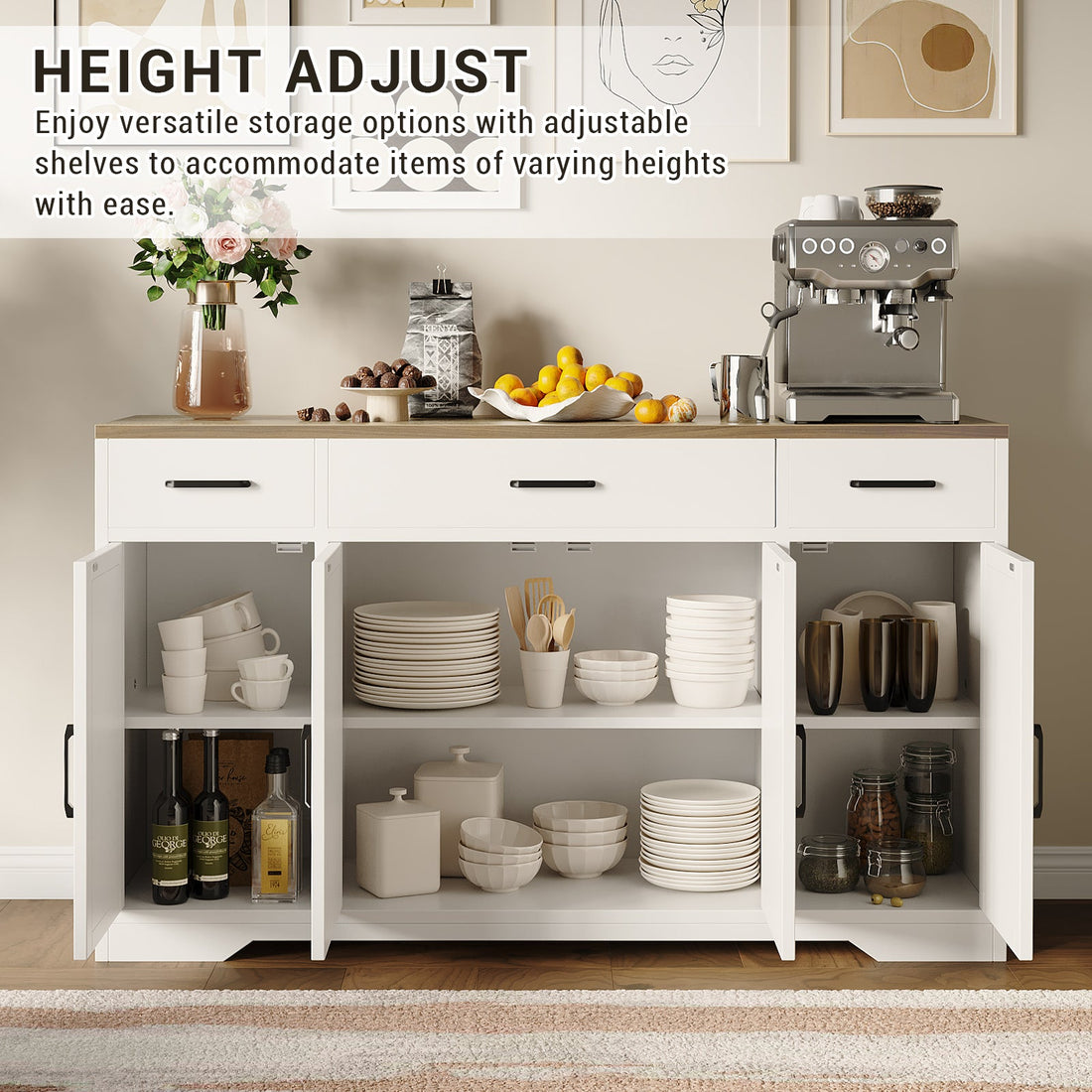 Credenza moderna Garvee con 3 cassetti, stile rustico, 55", bianca, per soggiorno e sala da pranzo