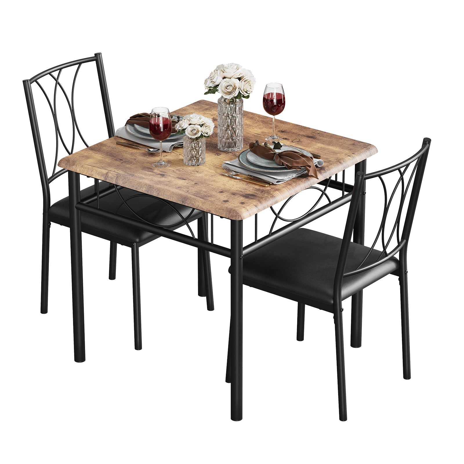 Set da pranzo Garvee da 3 pezzi per 2 persone, marrone retrò, struttura in metallo, sedie imbottite, piano in MDF, salvaspazio, stanze piccole