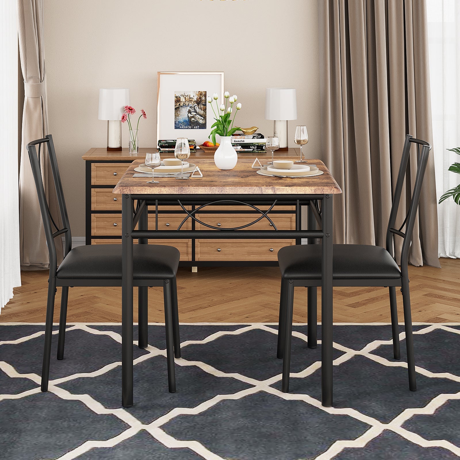 Set da pranzo Garvee da 3 pezzi per 2 persone, marrone retrò, struttura in metallo, sedie imbottite, piano in MDF, salvaspazio, stanze piccole