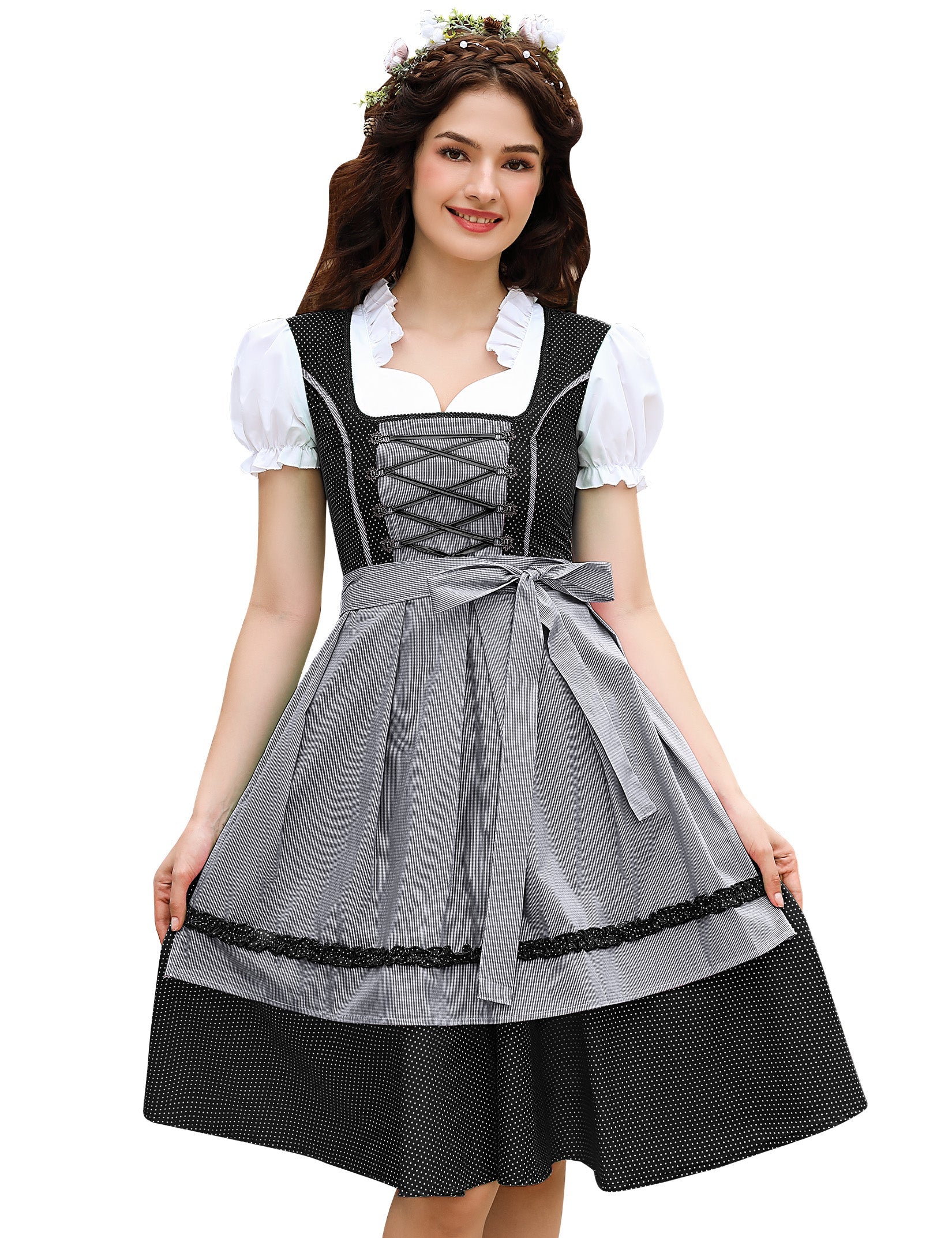 Abito tradizionale Dirndl Midi da donna Garvee in 2 pezzi con grembiule per l'Oktoberfest, taglie 34-48, confezione riutilizzabile