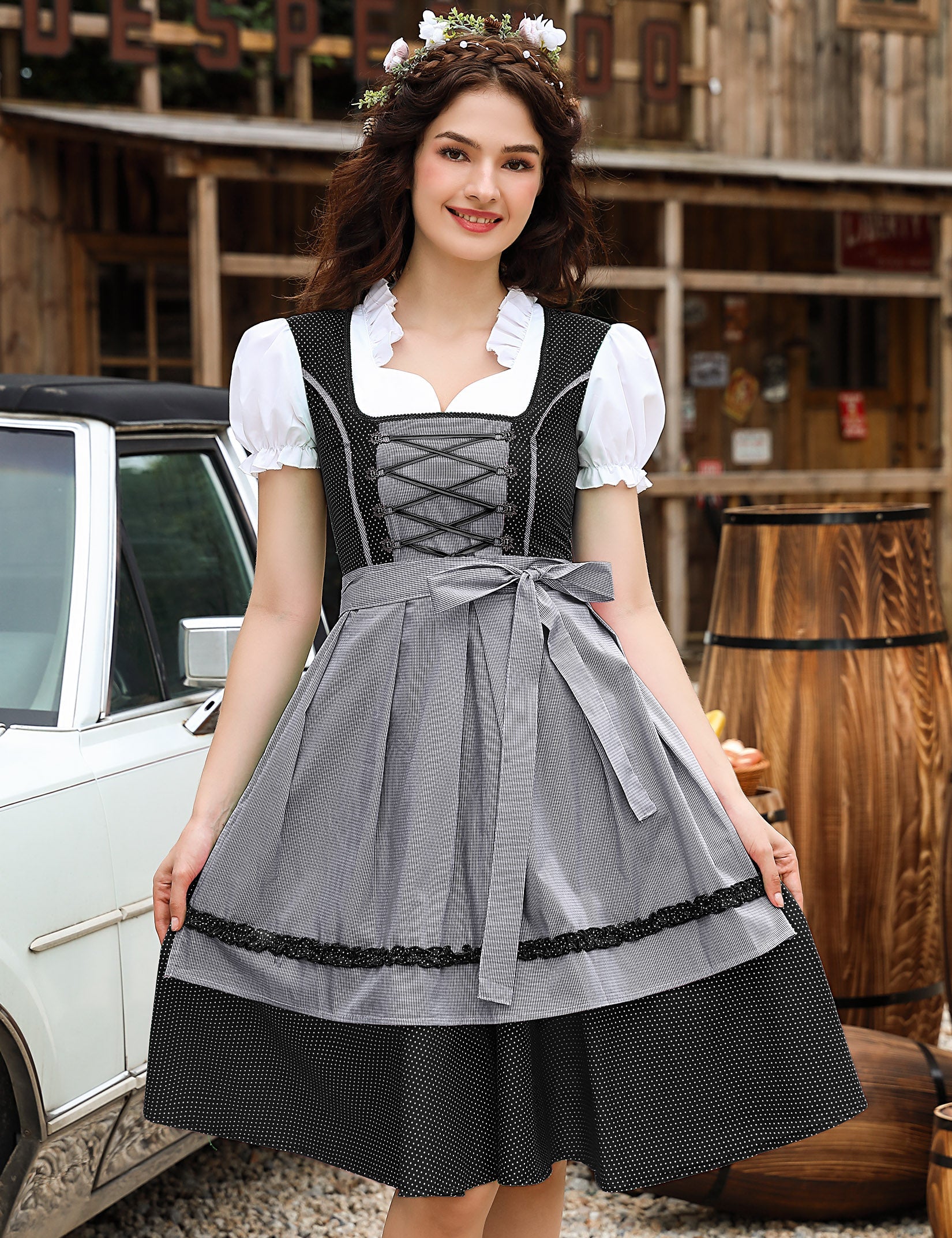 Abito tradizionale Dirndl Midi da donna Garvee in 2 pezzi con grembiule per l'Oktoberfest, taglie 34-48, confezione riutilizzabile