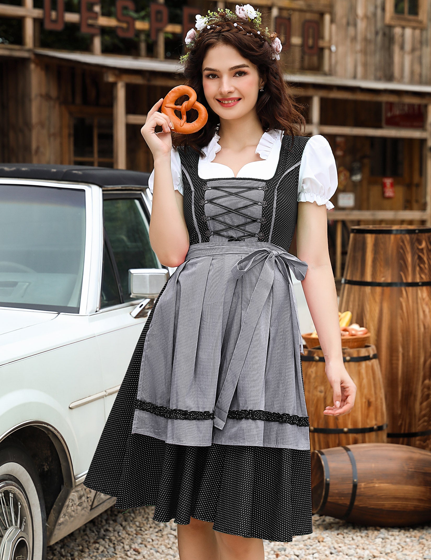 Abito tradizionale Dirndl Midi da donna Garvee in 2 pezzi con grembiule per l'Oktoberfest, taglie 34-48, confezione riutilizzabile