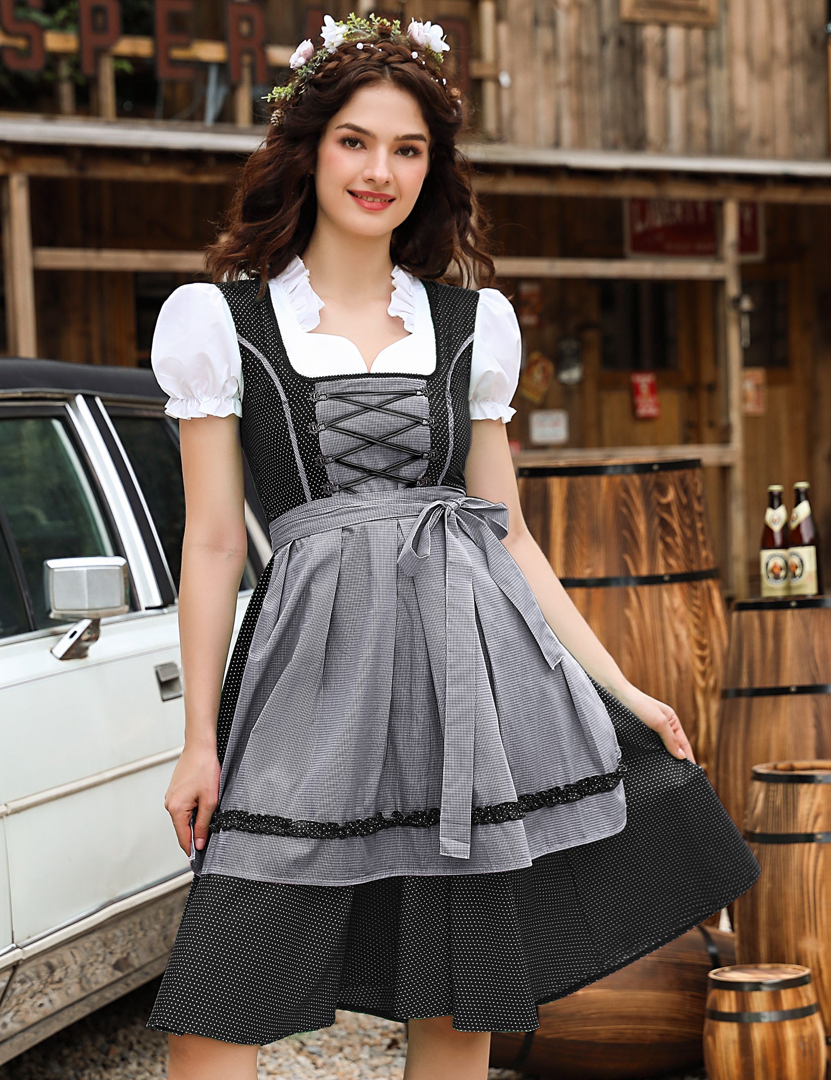 Abito tradizionale Dirndl Midi da donna Garvee in 2 pezzi con grembiule per l'Oktoberfest, taglie 34-48, confezione riutilizzabile