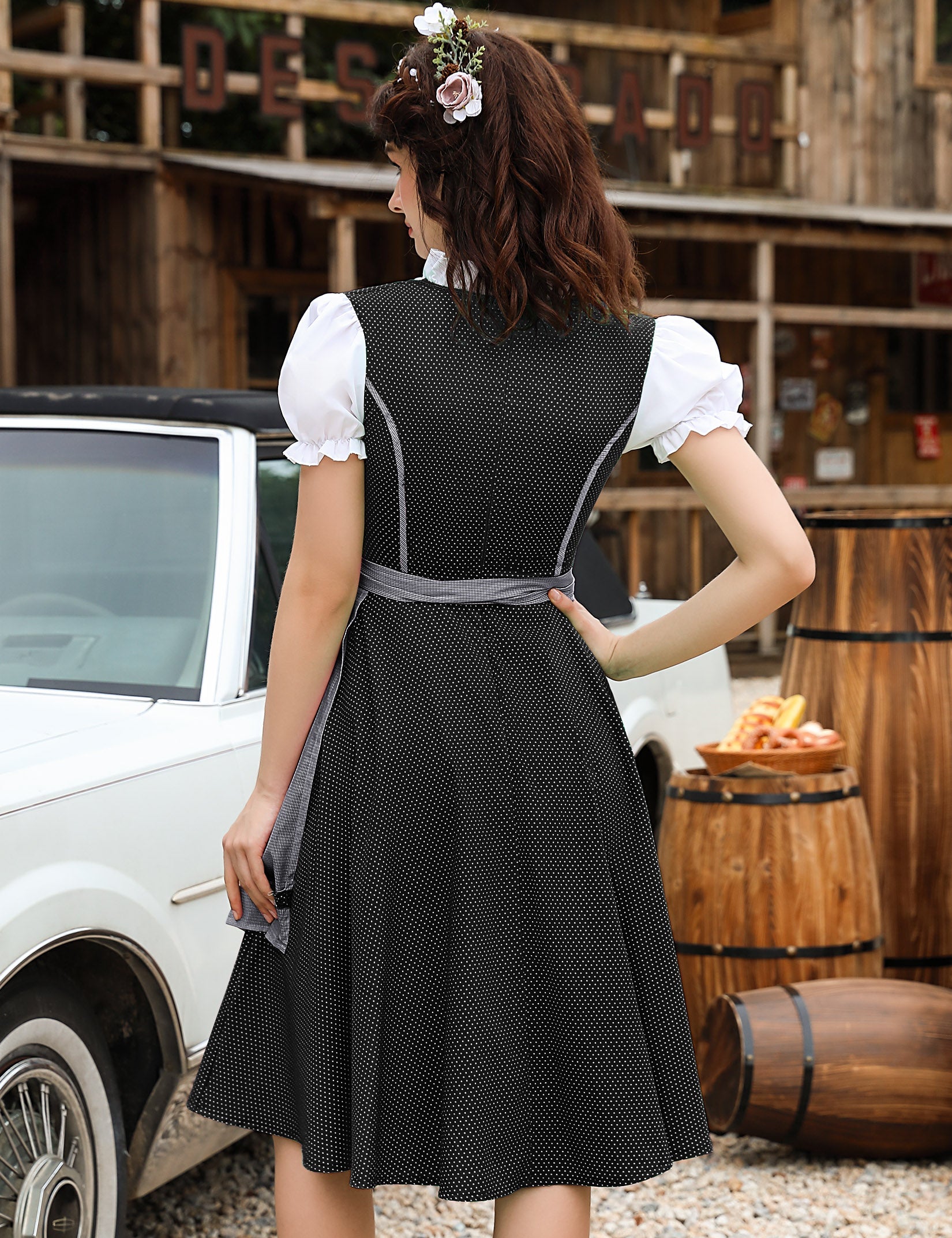 Abito tradizionale Dirndl Midi da donna Garvee in 2 pezzi con grembiule per l'Oktoberfest, taglie 34-48, confezione riutilizzabile