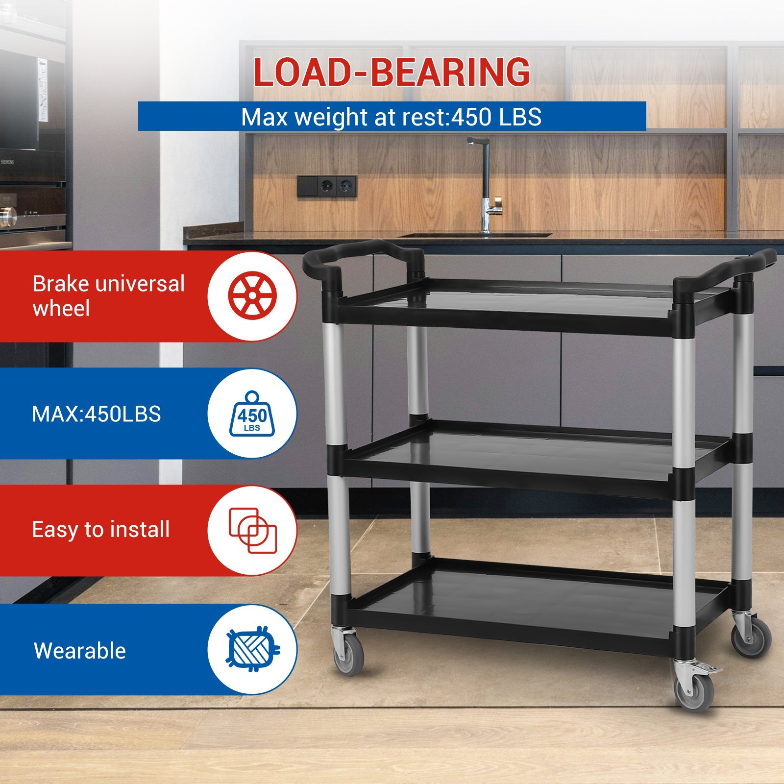 Carrello di servizio Garvee Heavy Duty a 3 ripiani con serratura per catering e pulizia, capacità 360 libbre, alluminio e plastica, 4 ruote bloccabili
