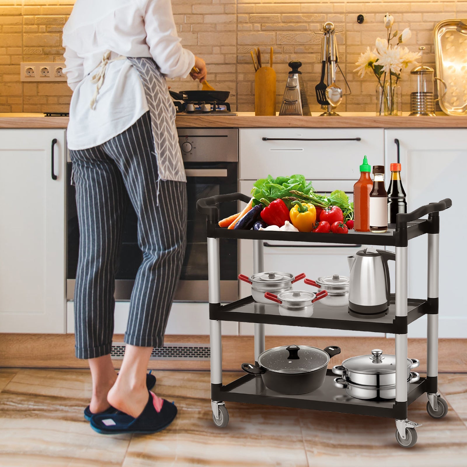 Carrello di servizio Garvee Heavy Duty a 3 ripiani con serratura per catering e pulizia, capacità 360 libbre, alluminio e plastica, 4 ruote bloccabili