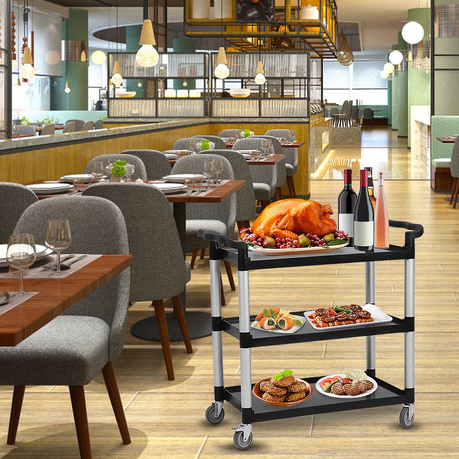 Carrello di servizio Garvee Heavy Duty a 3 ripiani con serratura per catering e pulizia, capacità 360 libbre, alluminio e plastica, 4 ruote bloccabili