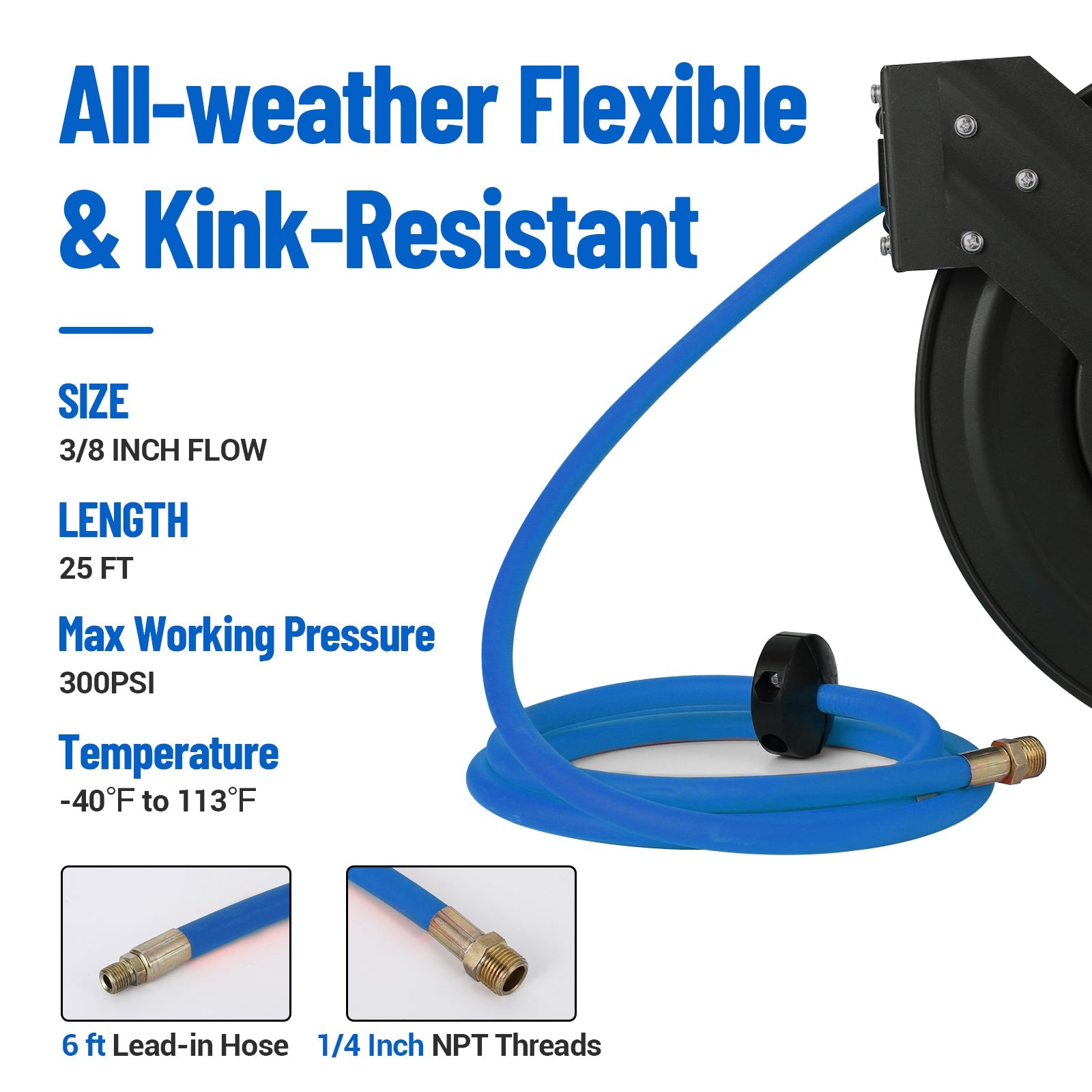 Avvolgitubo Retrattile Garvee 3/8" x 25 ft per Aria - Tubo Ibrido Pesante, Riavvolgimento Automatico, Supporto 180° - Ideale per Officina Festa del Papà