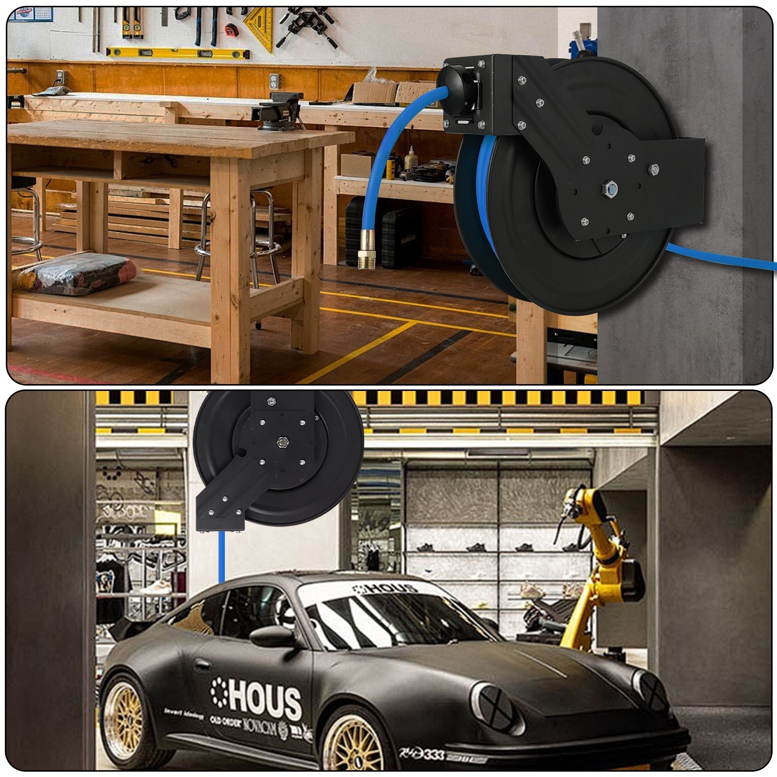 Avvolgitubo Retrattile Garvee 3/8" x 25 ft per Aria - Tubo Ibrido Pesante, Riavvolgimento Automatico, Supporto 180° - Ideale per Officina Festa del Papà