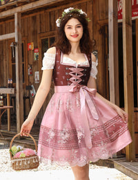 Abito tradizionale midi Garvee Dirndl da donna, 3 pezzi, con pizzo, per l'Oktoberfest e le occasioni speciali, bordeaux, taglia 34